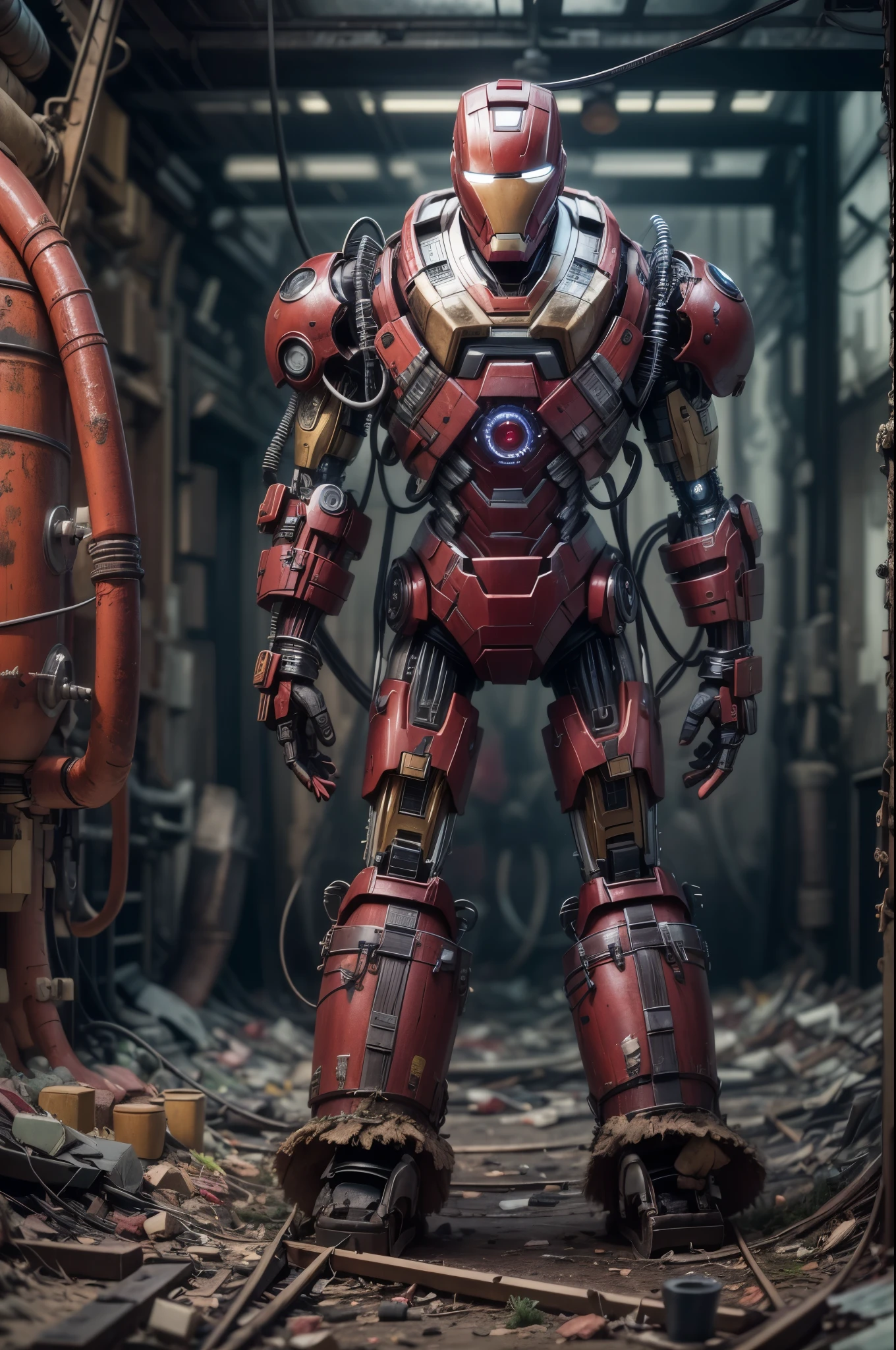 cinematic photo Mechanical cyborg (Iron Man), (((steampunk))), rusty old armor, old metal, robot, (((full body visible))), wires, realistic, creepy, scary, cables, apocalyptic background, looking at viewer, portrait, photography, detailed skin, realistic, photo-realistic, 8k, highly detailed, full length frame, High detail RAW color art, piercing, diffused soft lighting, shallow depth of field, sharp focus, hyperrealism, cinematic lighting,5mm photograph, film, bokeh, professional, 4k, highly detailed