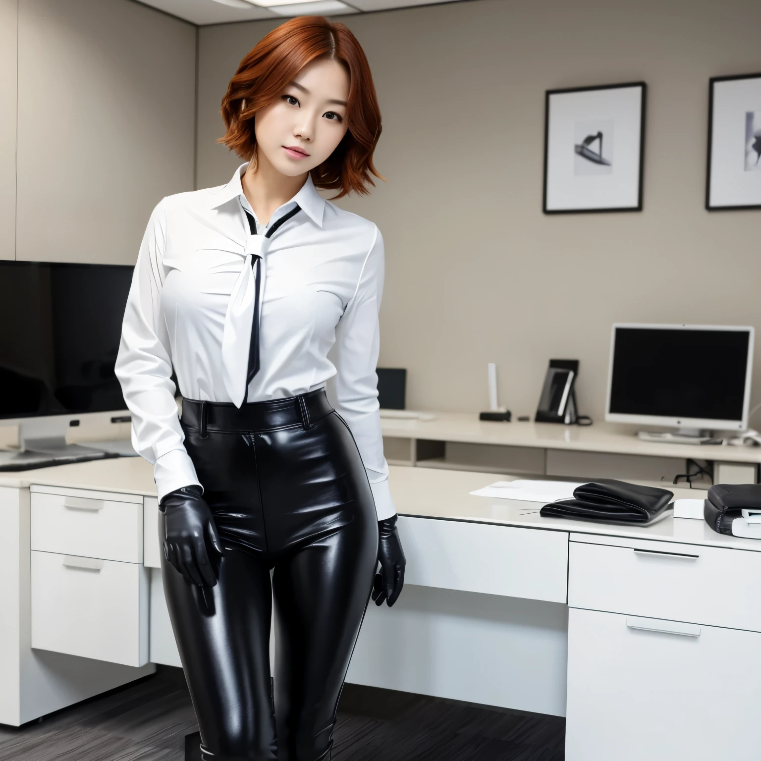 (masterpiece), best quality, expressive eyes, perfect face, a beautiful, sexy korean redhead girl, short wavy hair, wearing white shirt, tie, black leather leggings, long leather boots, leather gloves, sunglasses, in the office
