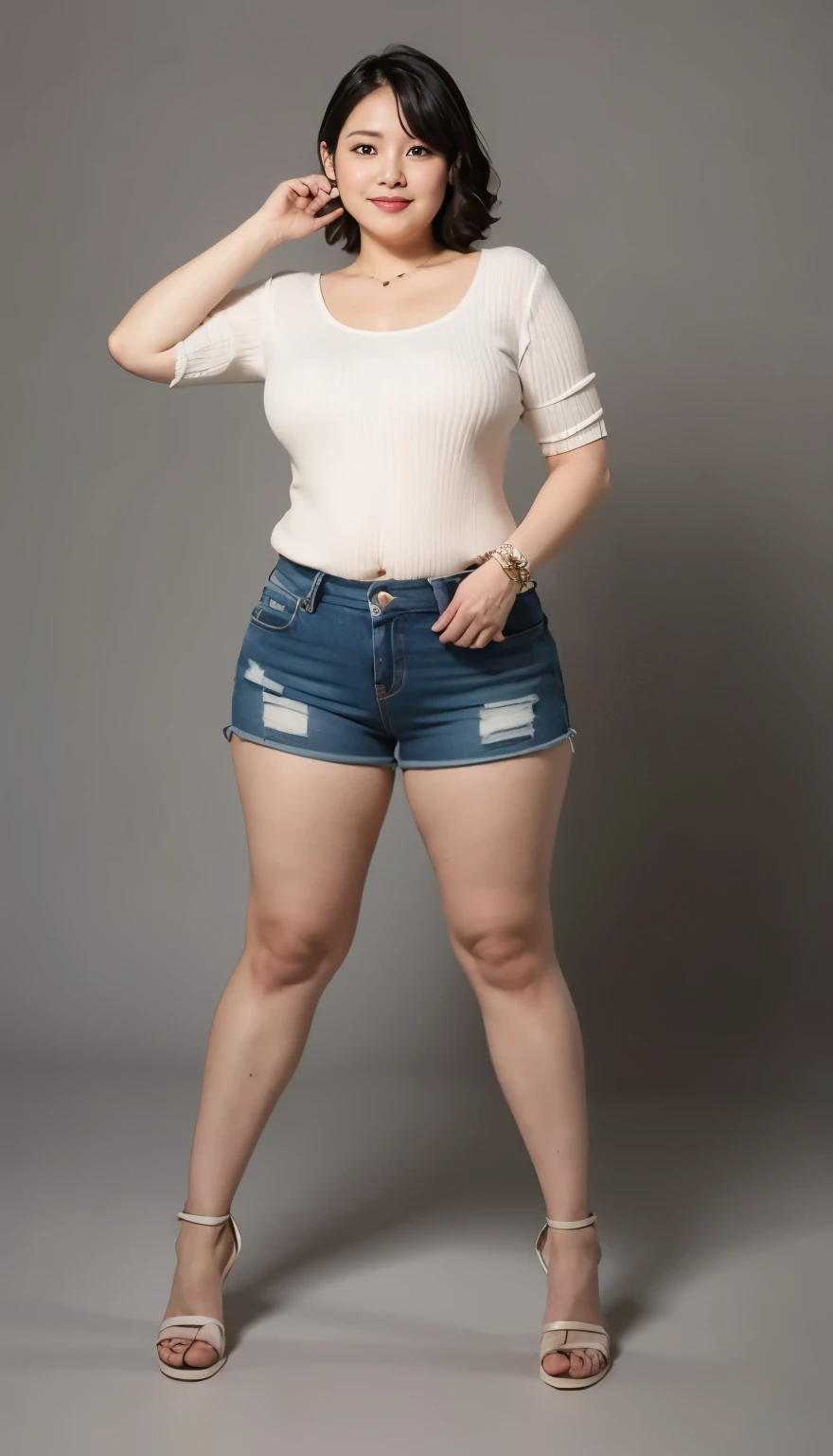 Indonesian woman, thick body, cold atmosphere , thick cheeks , full body , random pose, wavy short hair , thick hips, 40 years old , slightly fat arms , slightly fat belly , shorts pants
