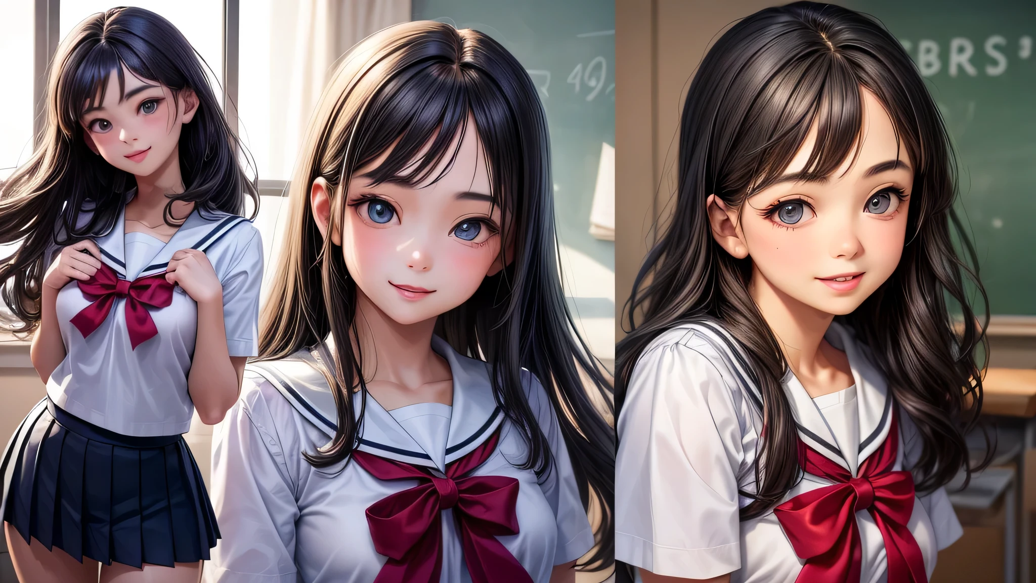(1 girl:1.2), very cute face, wonderful face and eyes, Smile, (highly detailed eyes, highly detailed face), Fresh, very beautiful appearance, (surreal, High resolution), (highest quality:1.4), professional photography, (high School uniform, pleated mini skirt:1.2), smile a little, School, classroom,