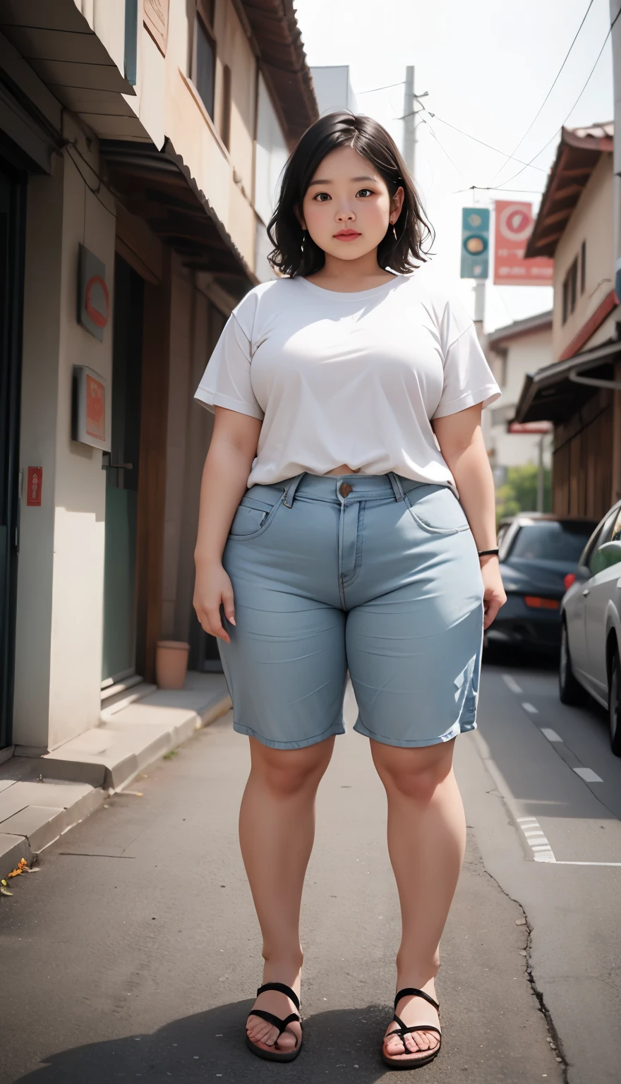 Indonesian woman, thick body, cold atmosphere , thick cheeks , full body , random pose, wavy short hair , thick hips, 40 years old , slightly fat arms , slightly fat belly , shorts pants 