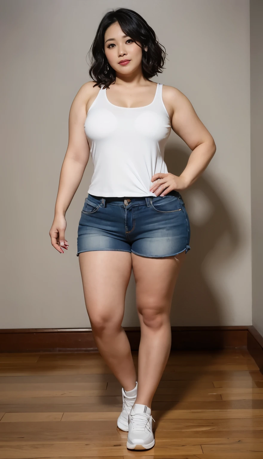 Indonesian woman, thick body, cold atmosphere , thick cheeks , full body , random pose, wavy short hair , thick hips, 40 years old , slightly fat arms , slightly fat belly , shorts pants