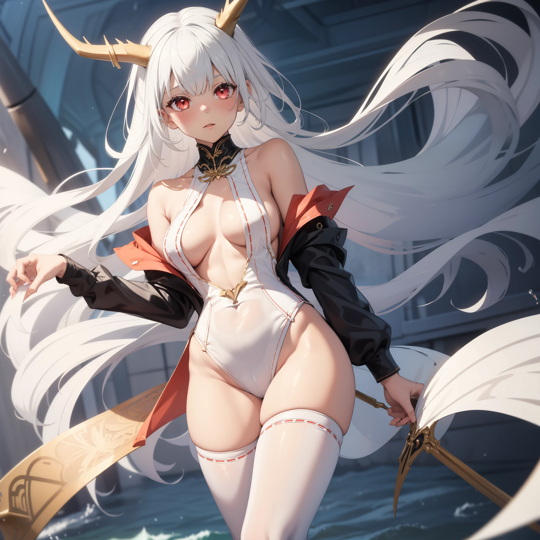 Super masterpiece,top-quality,ultra-detailliert,realisitic,Hyper-detailing,(Perfect Anatomy),1girl in,Solo,Ahoge,Slender body,(()),Embarrassed blush,gleaming skin,(Transparent Polyvinylidene Chloride),White Hair, Red Eyes, horns from head, small breast, look at viewer, stand tall, white stockings, full body, slender legs