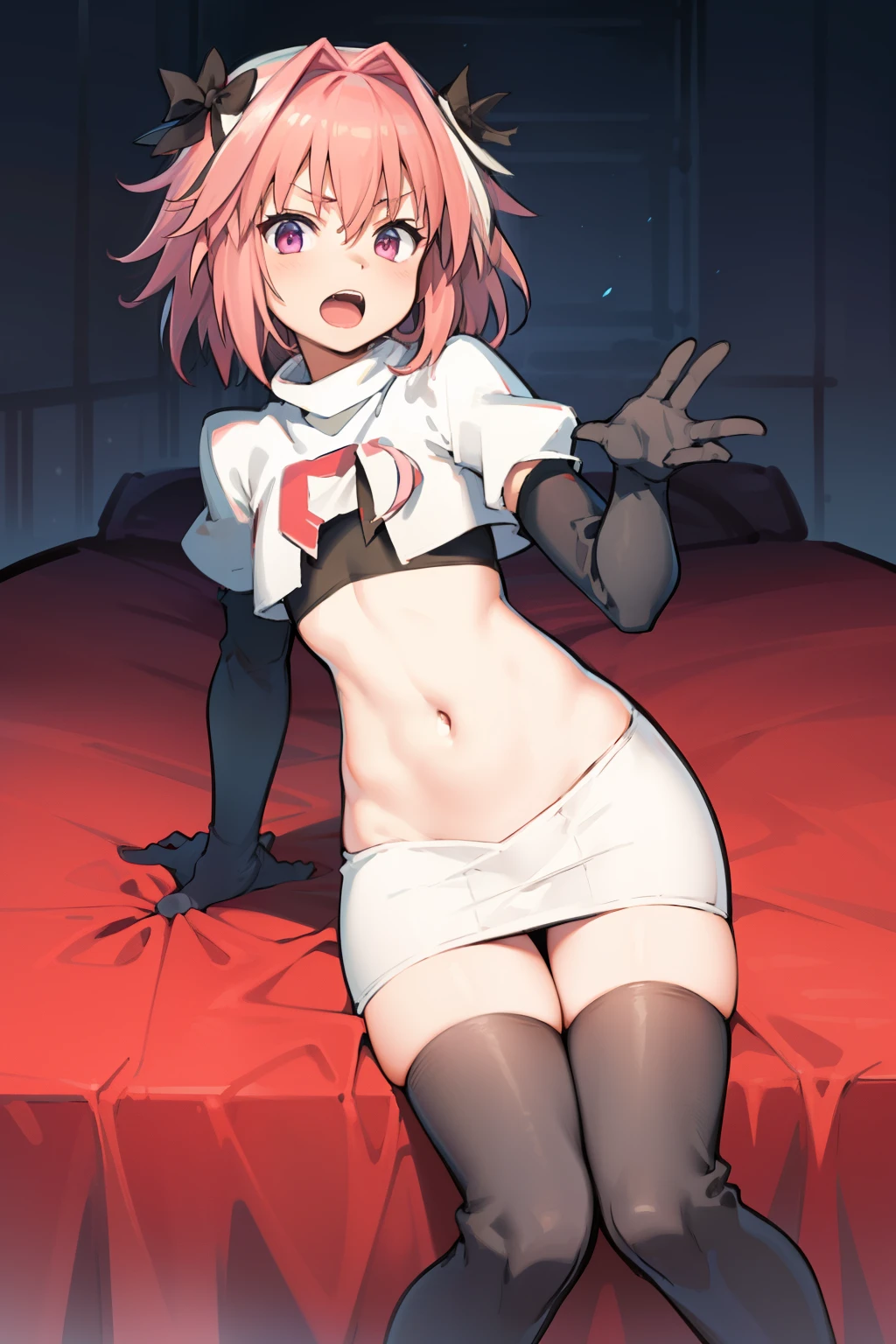 absurdres, masterpiece, best quality, (astolfo fate:1.2155), 1boy, male focus, trap, pink multicolored hair, pink hair, white hair, hair intakes, long hair, pink detailed eyes, crossdressing,1boy, team rocket,team rocket uniform, red letter R, white skirt,white crop top,black thigh-highs,black elbow gloves