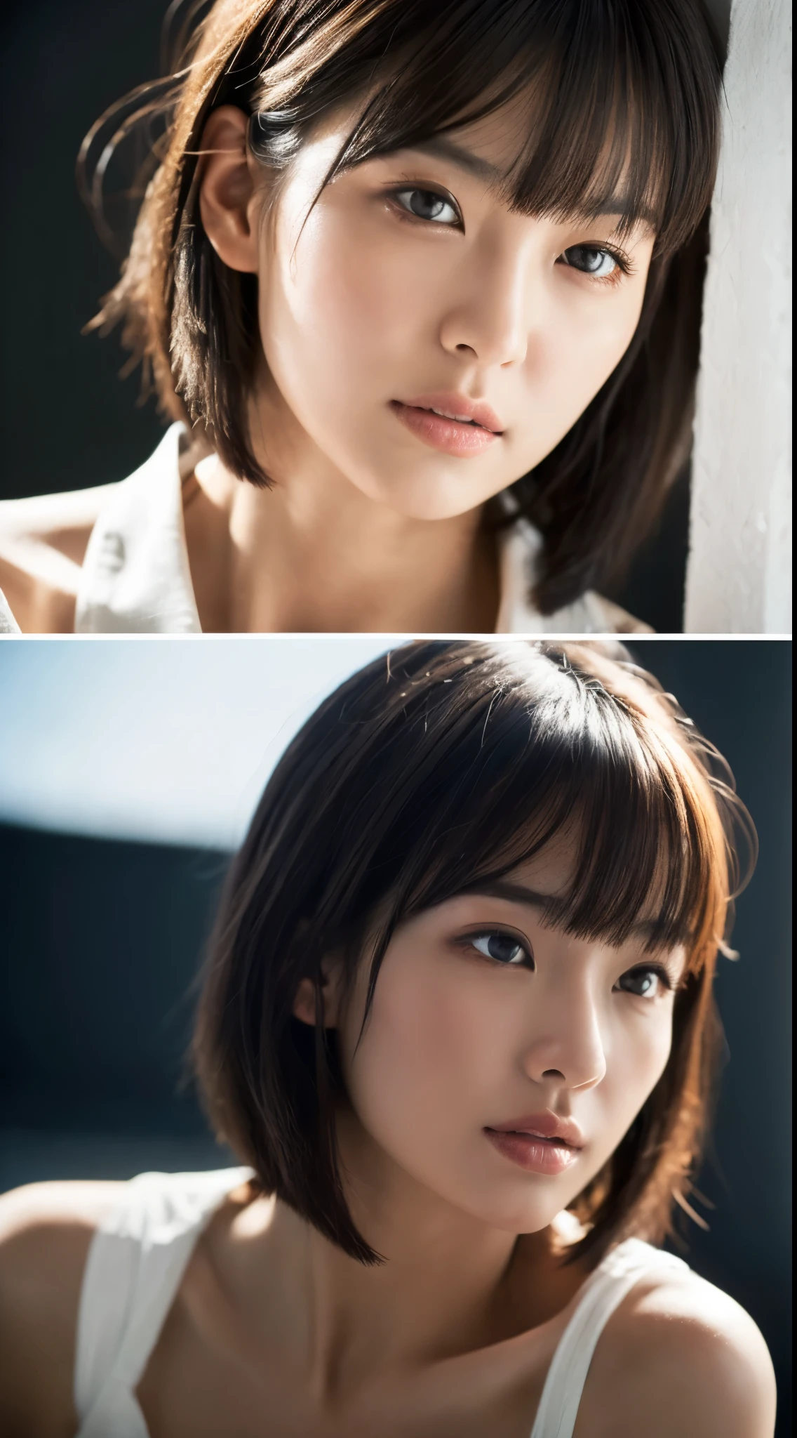 (highest quality,4k,High resolution,masterpiece:1.4),(realistic pictures:1.4),professional lighting,woman,Physically based rendering,cowboy shot,short hair,layered cut,black hair,highly detailed face,fine skin,(日本人woman:1.05),In the 30s,I have some thin bangs,Group,white room,white wall,bright lighting