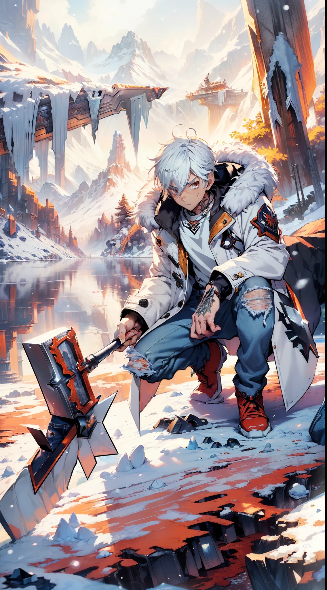 ((boy wearing white winter coat and jeans):1.5), (tattooed body), ((holding a warhammer):1.5), (mountain lake with a cave in the middle), modern anime style, 4 k manga wallpaper, digital anime illustration, very modern anime style, at pixiv, best anime 4k konachan wallpaper, anime aesthetic, pixiv style, anime style illustration