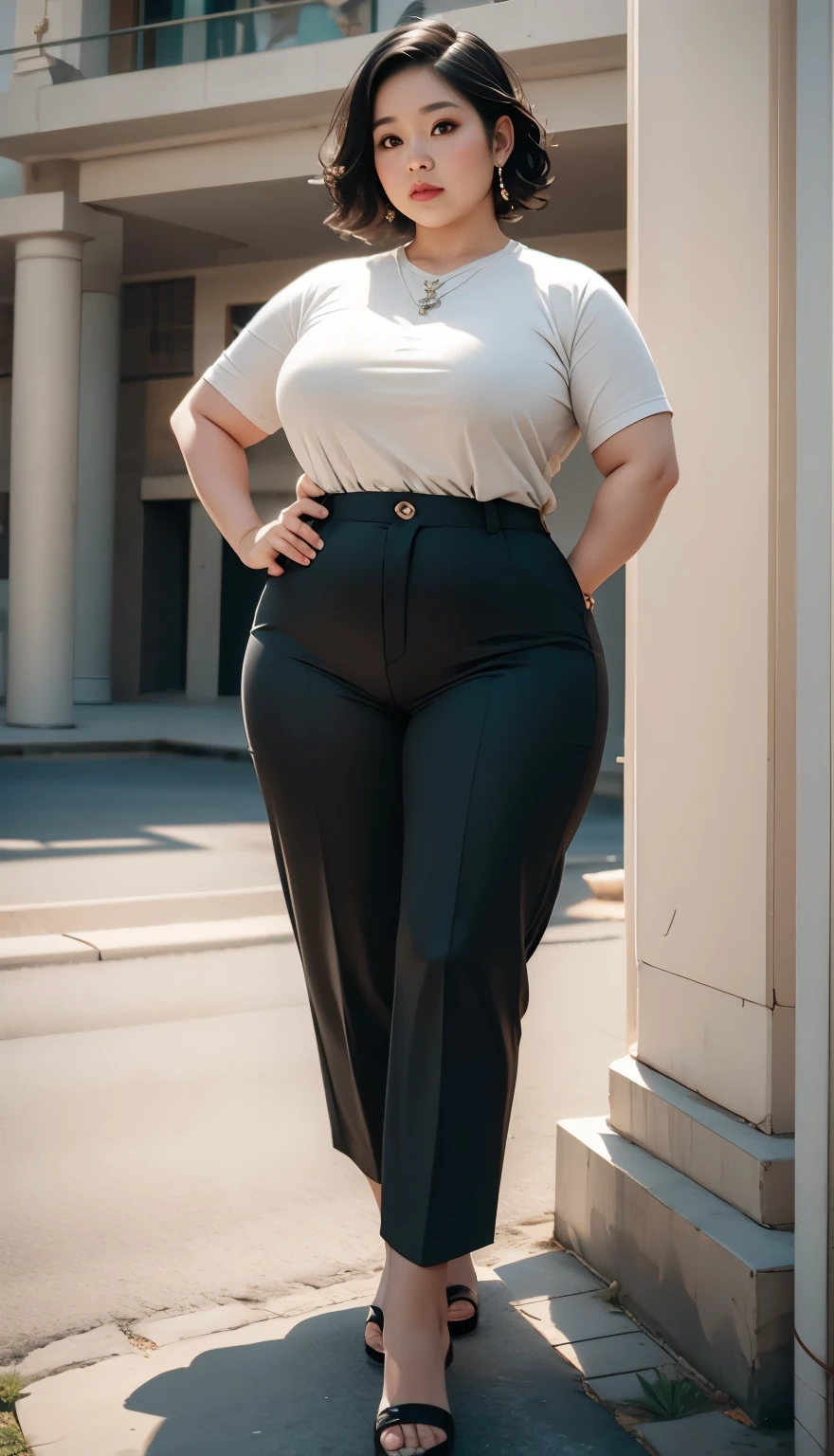 Indonesian woman, thick body, cold atmosphere , thick cheeks , full body , random pose, wavy short hair , thick hips, 40 years old , slightly fat arms , slightly fat belly , thight shorts pants , voluptuous