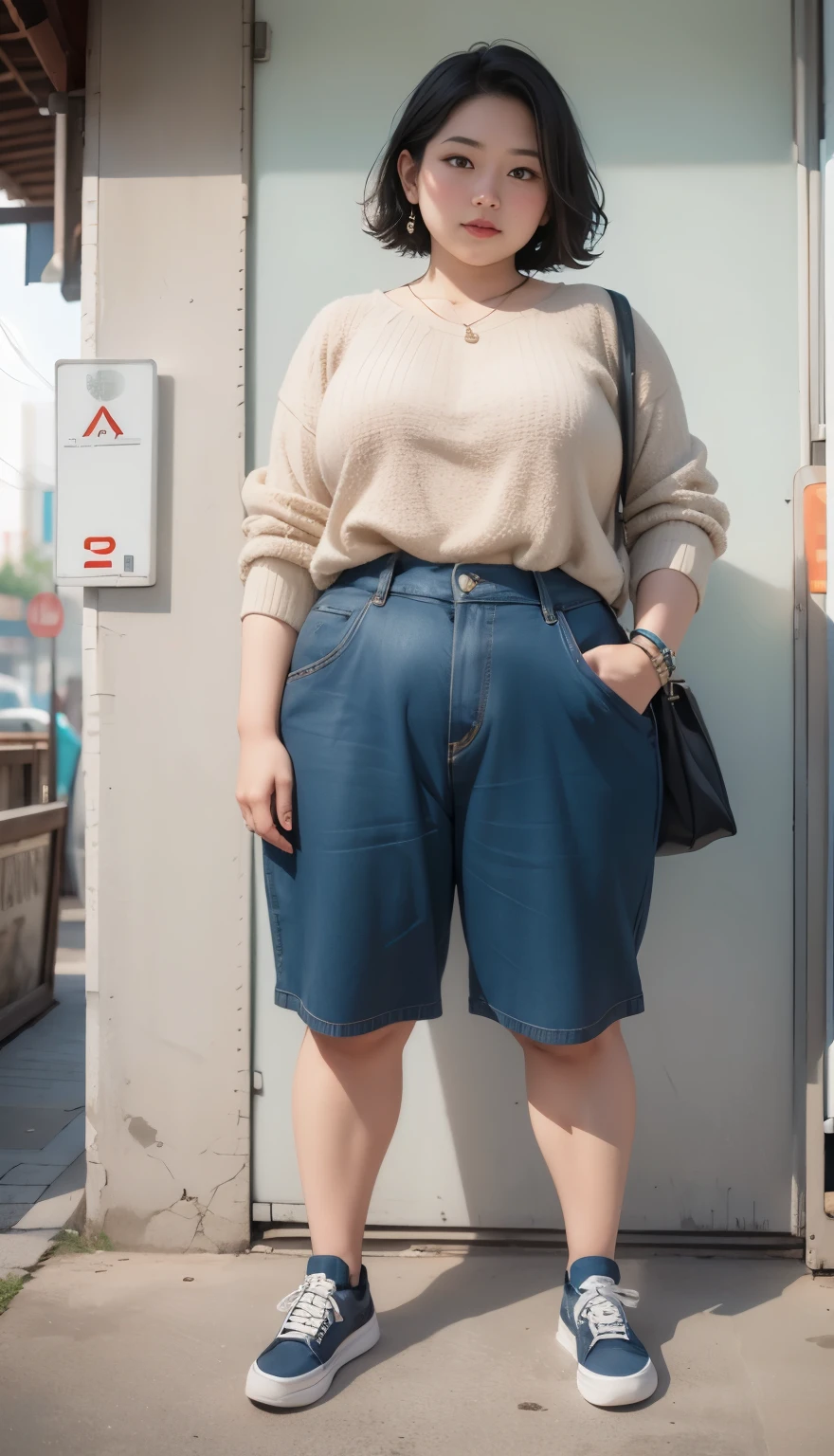 Indonesian woman, thick body, cold atmosphere , thick cheeks , full body , random pose, wavy short hair , thick hips, 40 years old , slightly fat arms , slightly fat belly , shorts pants