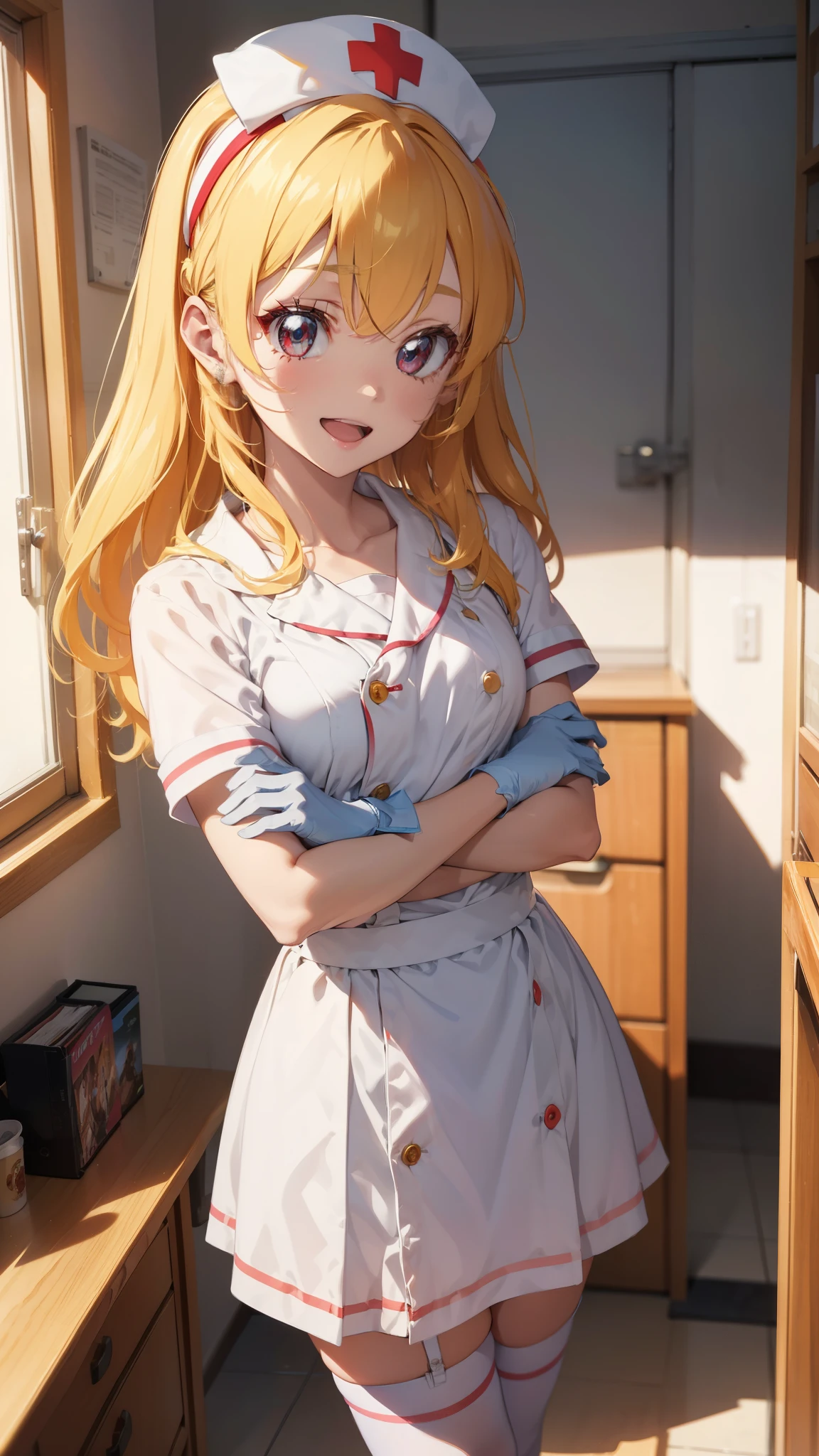 aikatsu,Blonde_HAIR,RED_HAIR_bandmasterpiece,best quality,ultra-detailed,super detailed skin,an extremely delicate and beautiful,beautiful detailed eyes,in1, side ponytail, long hair, solo, nurse, ((white nurse cap, white nurse's outfit)), ((white legwear, zettai ryouiki)), white gloves, smile, open mouth, standing, hospital room, sharp outline, short sleeves, best quality, masterpiece