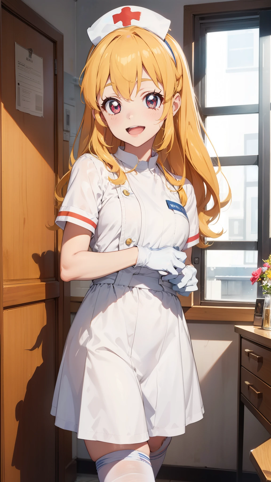 aikatsu,Blonde_HAIR,RED_HAIR_bandmasterpiece,best quality,ultra-detailed,super detailed skin,an extremely delicate and beautiful,beautiful detailed eyes,in1, side ponytail, long hair, solo, nurse, ((pink nurse cap, pink nurse's outfit)), ((white legwear, zettai ryouiki)), white gloves, smile, open mouth, standing, hospital room, sharp outline, short sleeves, best quality, masterpiece