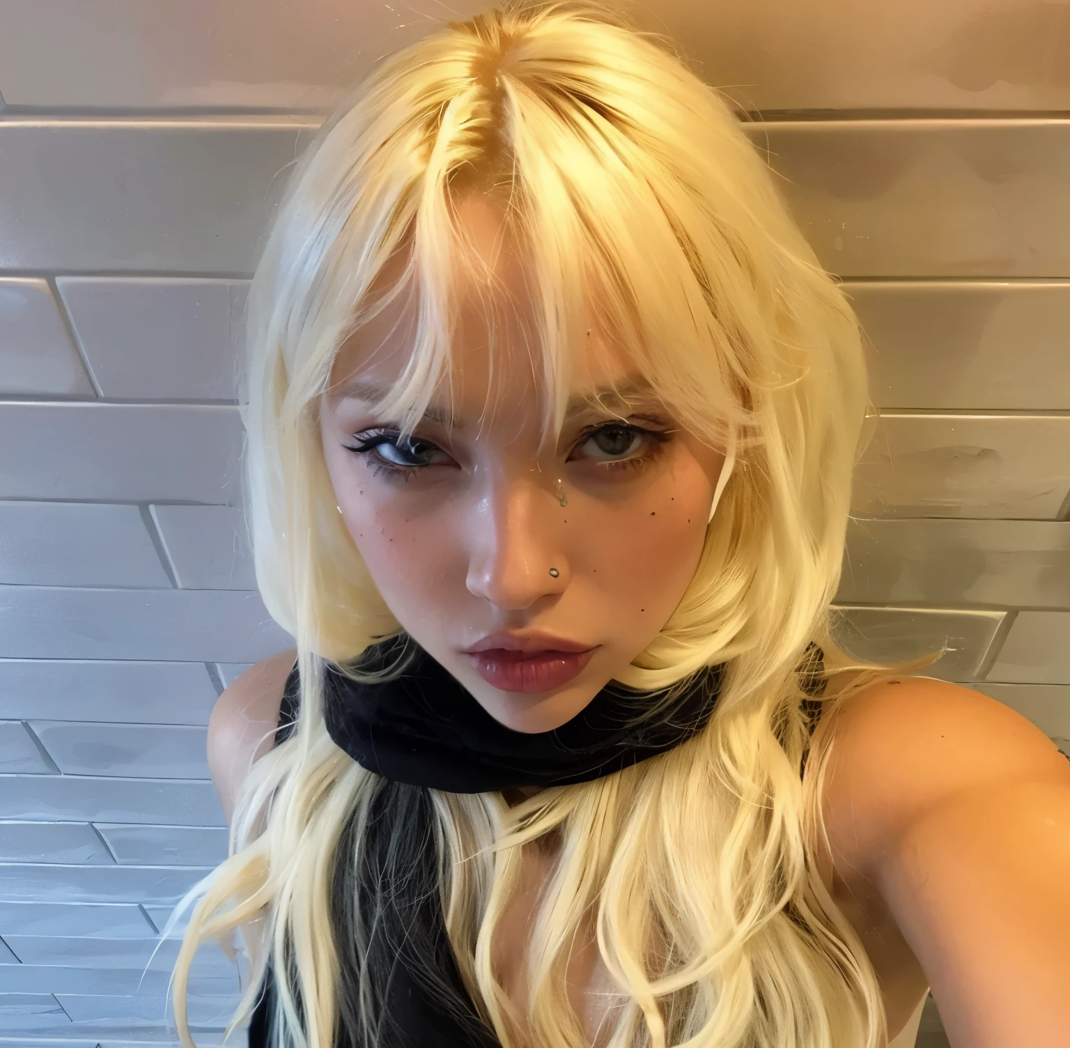 Blonde woman with piercings and scarf taking selfie in bathroom., la respuesta yolandi pescador, flequillo blanco, cabello con flequillo blanco, lady gaga con su cabello de venus, cara como ester exposito, la respuesta ( yolandi pescador ), ava max, pelo largo y blanco y flequillo, Kerli Koiv como chica anime