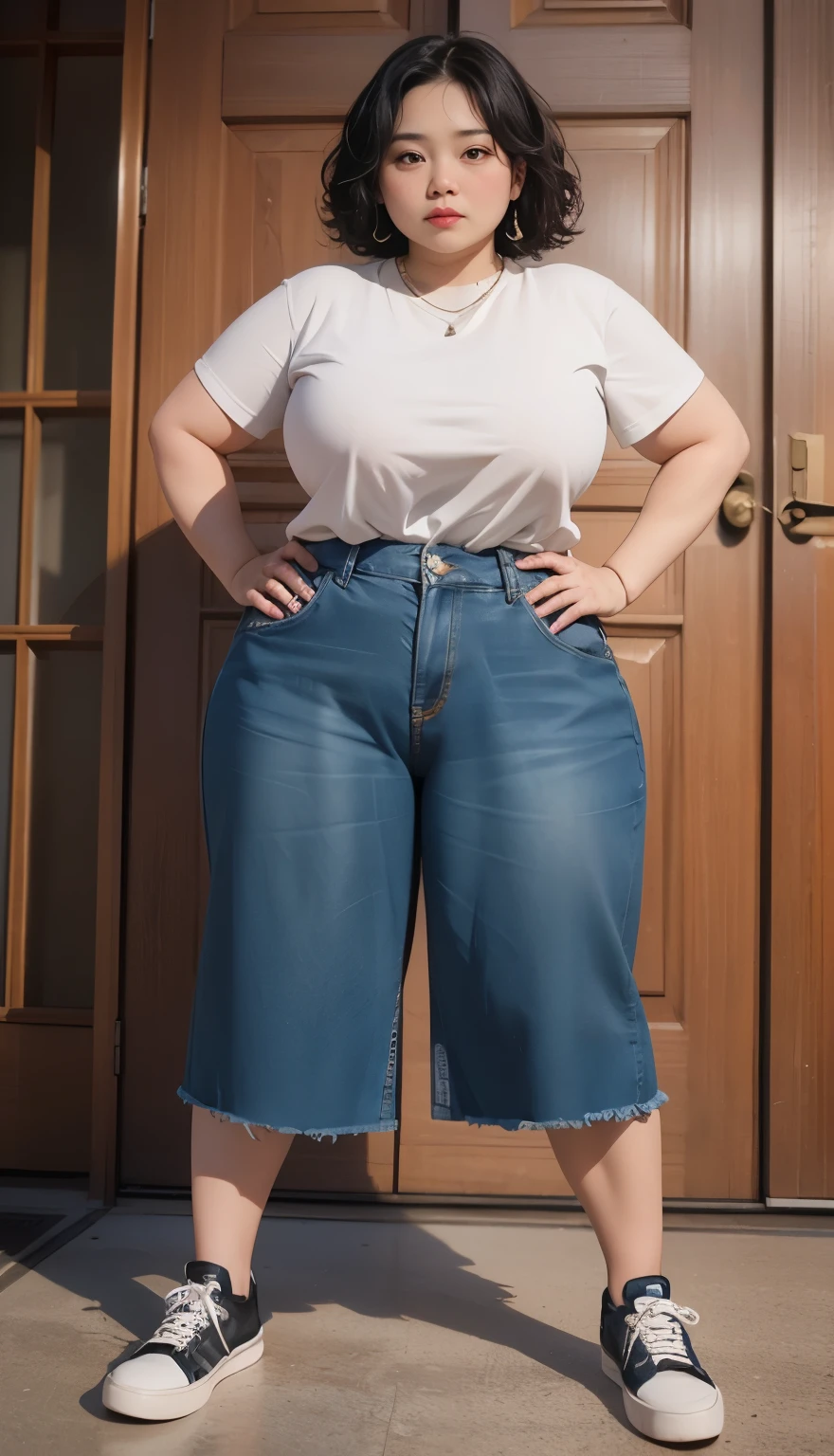 Indonesian woman, thick body, cold atmosphere , thick cheeks , full body , random pose, wavy short hair , thick hips, 40 years old , slightly fat arms , slightly fat belly , shorts pants 