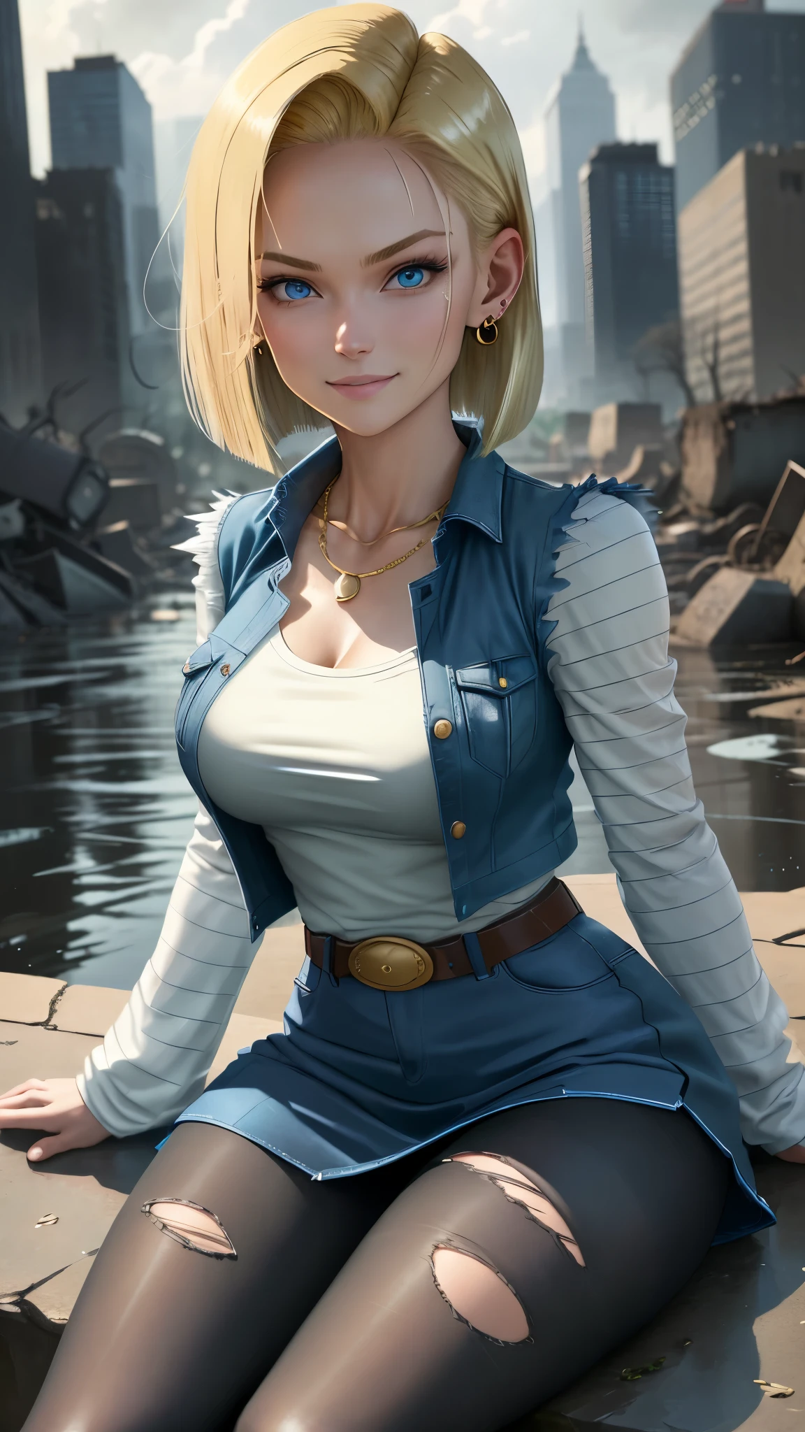 best quality, high-res, and18, 1girl, android 18, solo, blonde hair, blue eyes, belt, tight blue demin skirt, gold necklace, black shirt, short hair, long sleeves, striped sleeves, earrings, open vest, blue denim vest, large breasts, cowboy shot, city park, straight-on, (weather: raining), sitting, full length pantyhose, battle ruins, wide hips, torn clothes, shy smile,