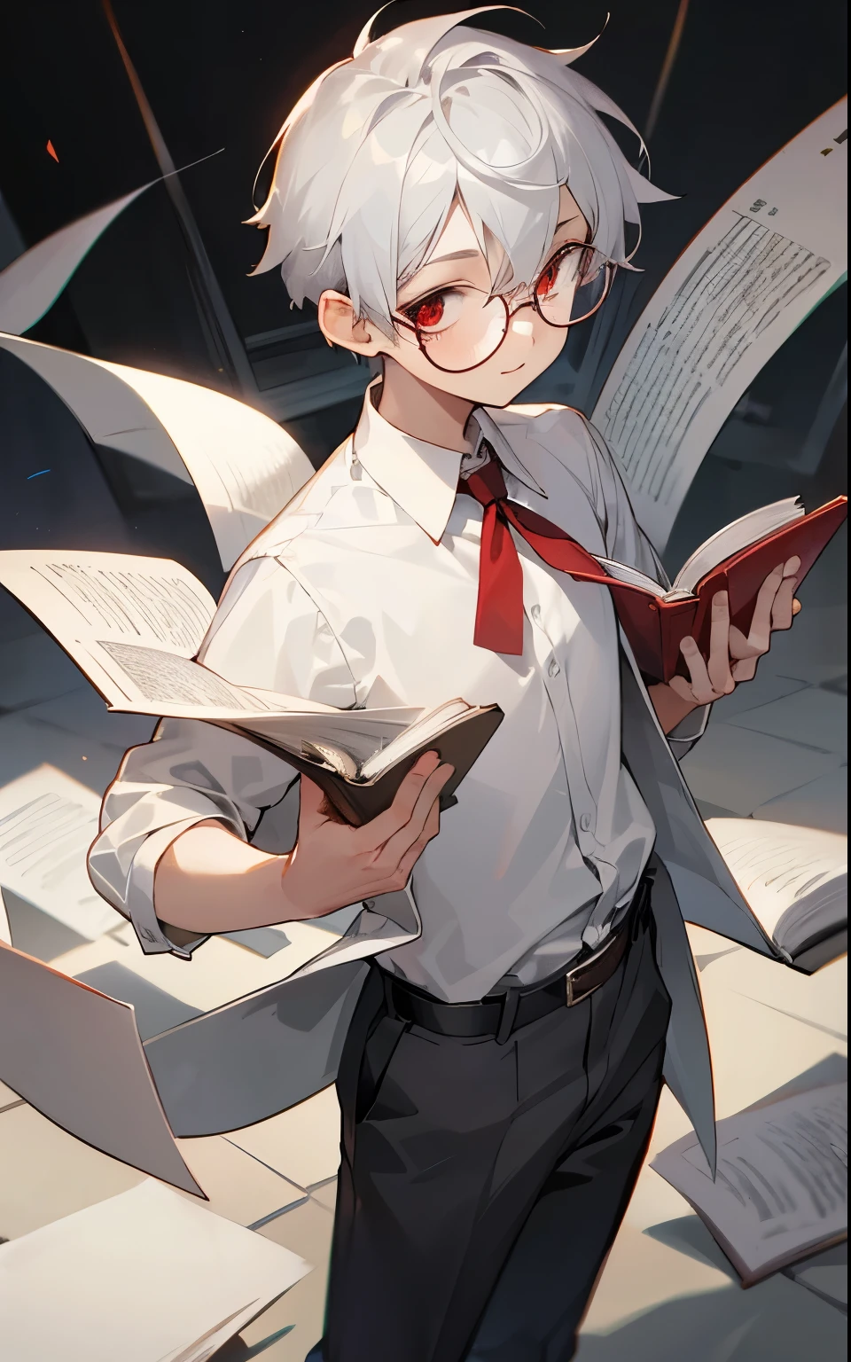 Cute boy, silver hair, red eyes, young, happy, white shirt, collared shirt, belt, religious, holding book, round glasses, strict, small boy, christian