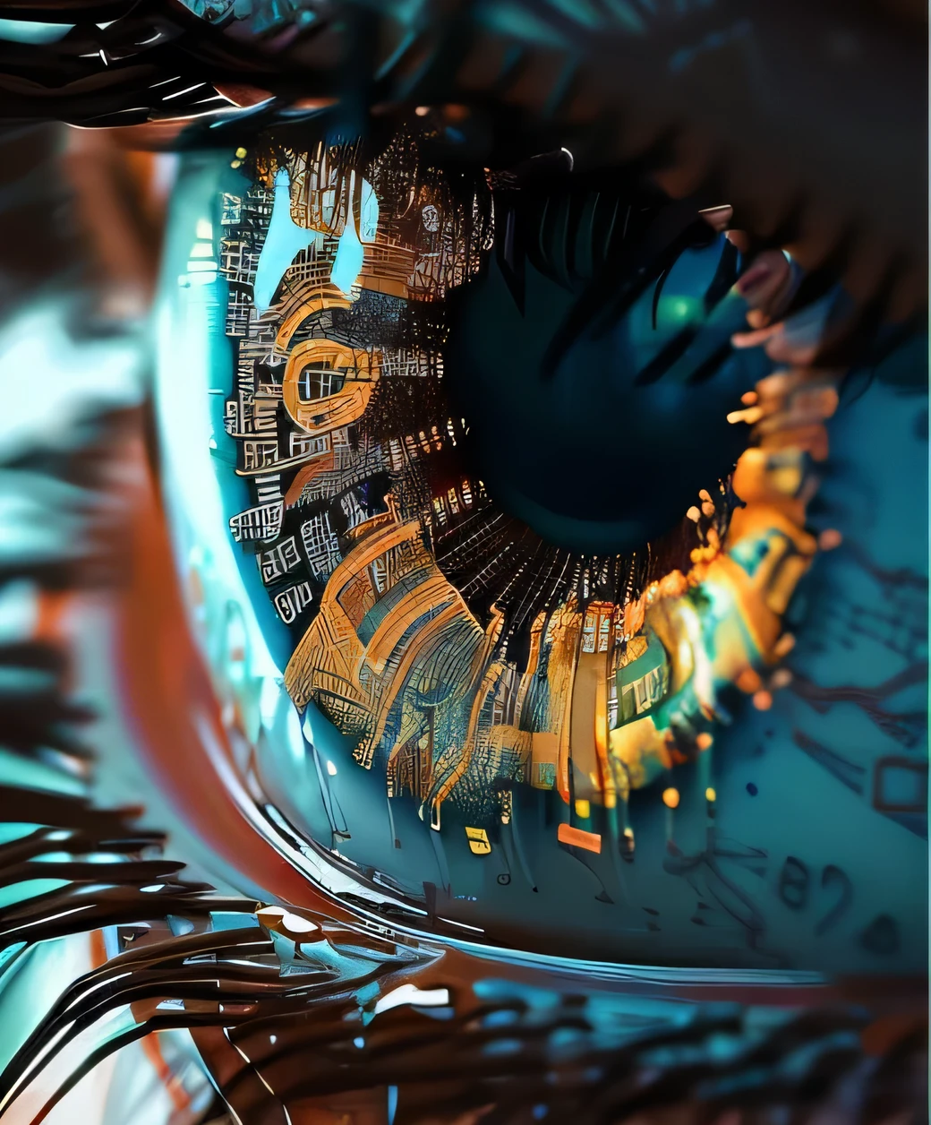 there is a close up of a circuit in the eye of a person, with highly precise detailed electronic tracks and eye cyberpunk bionics, cybernetic eye, robotic eye, augmented vision, cybernetic eyes implants, techno eye, computer vision, cyborg eyes, robotic eyes, robot eye, 4k highly detailed digital art, glowing mechanical eye, cyberpunk pincushion lens effect, highly detailed digital art