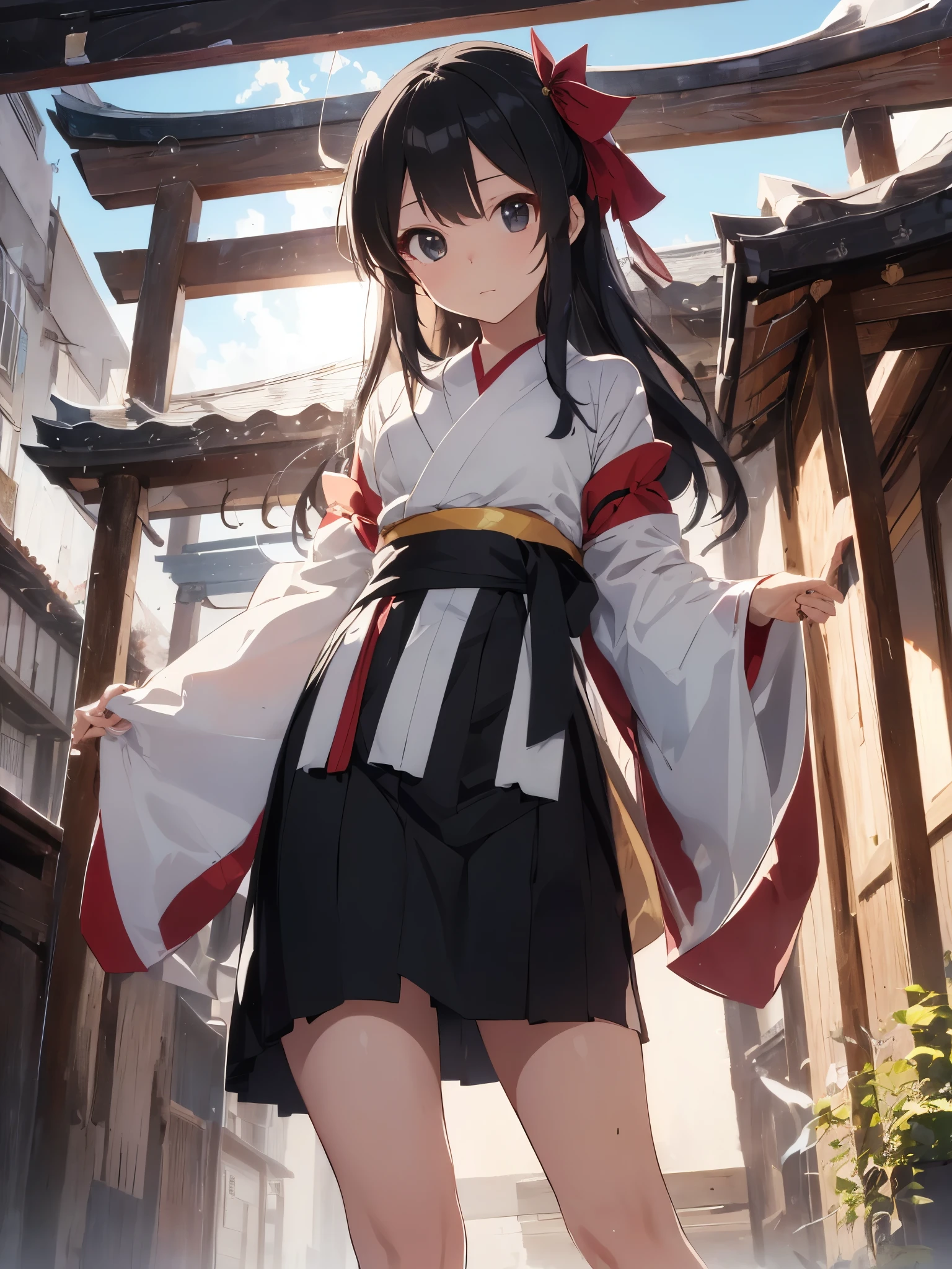absurd, High resolution, (anime style:1.1), ((table top)), ((highest quality)), (super detailed), (beautiful), solo, beautiful face、(lift),12 years old、(long black shiny hair:1.2),、black eye,looking at the viewer,Lens flare,dramatic, mini skirt、From the back、Full body Esbian、(low position,from below:1.5)、背景は繊細でbeautiful古い神社です、Bird ready、(shrine maiden clothes、:1.3)、