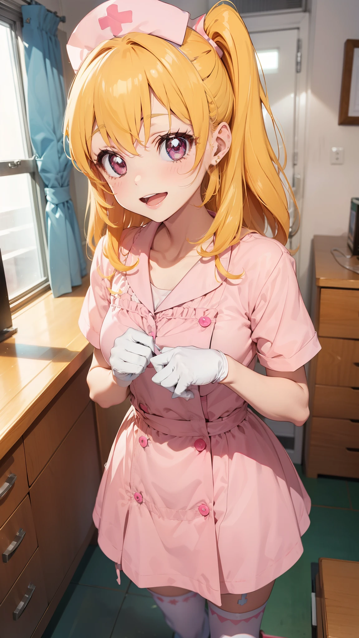 aikatsu,Blonde_HAIR,RED_HAIR_bandmasterpiece,best quality,ultra-detailed,super detailed skin,an extremely delicate and beautiful,beautiful detailed eyes,in1, side ponytail, long hair, solo, nurse, ((pink nurse cap, pink nurse's outfit)), ((white legwear, zettai ryouiki)), white gloves, smile, open mouth, standing, hospital room, sharp outline, short sleeves, best quality, masterpiece