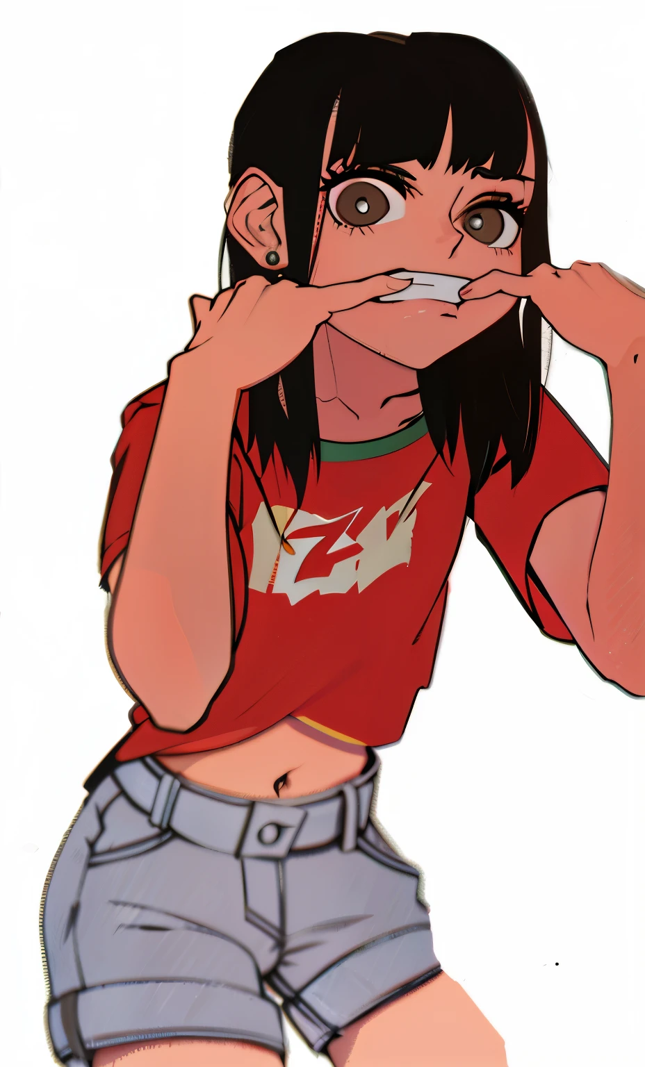 Garota de cabelo curto, camiseta curta vermelha, short jeans curto, estilo Akira