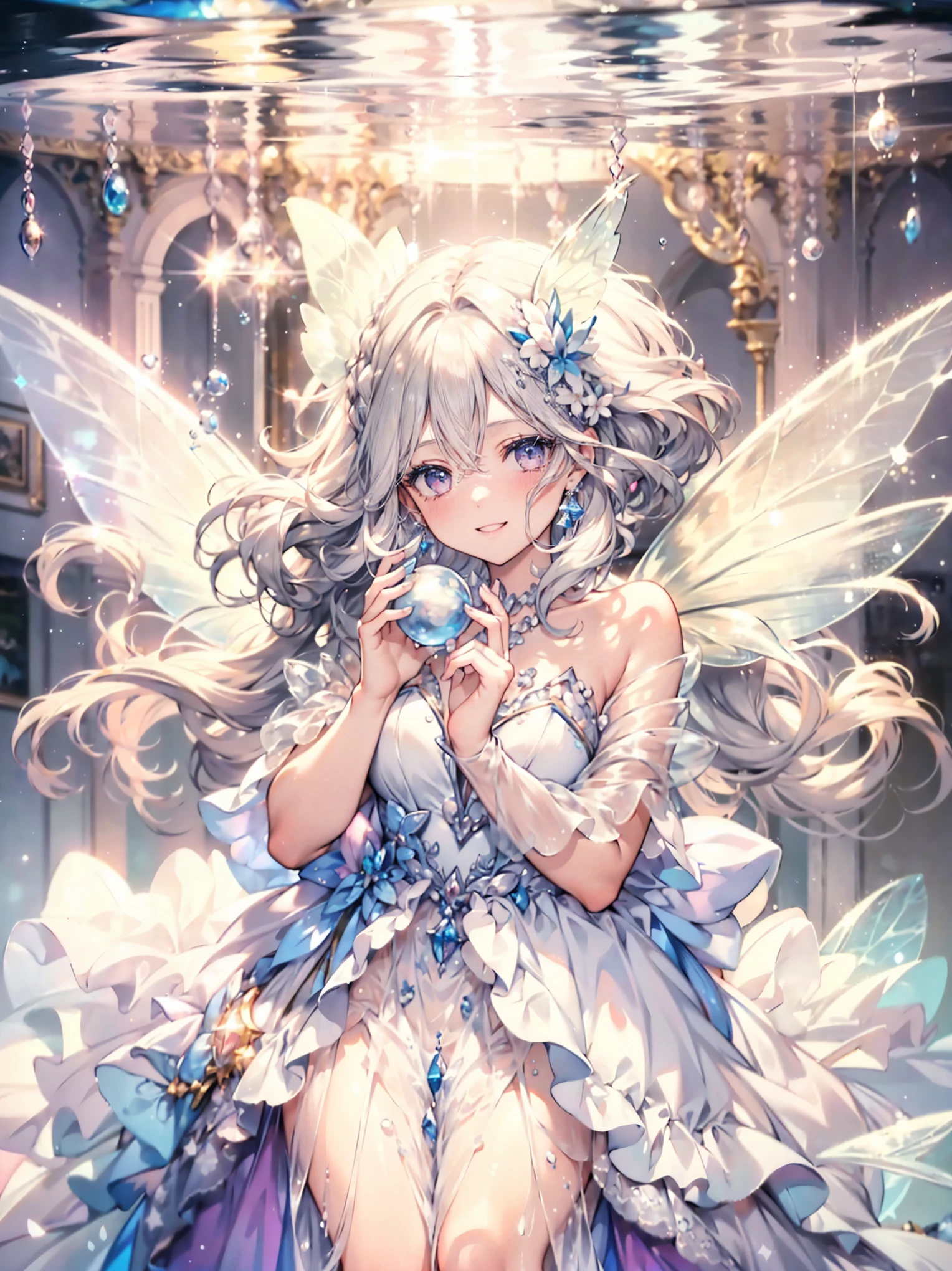(highest quality, masterpiece, Super detailed, very detailed, exquisite, 16k,Full HD),beautiful face,Pull,golden ratio,dramatic lighting,(pastel colour),smile,playing,A lot of bubbles are floating,floating in the water,soft lighting, ((alone:1.5)),Sea,((whole body)),(fairy princess, purple eyes, long eyelashes,white skin,slim,pale pink plump lips,pale pink cheeks, silver fluffy hair,thin and long,Magic that manipulates water,small fish silhouette,bubble magic,(thin and high nose,small nose),(Huge fairy wings grow from just above her waist.),(diamond and pearl tiara,pearl earrings,pearl necklace),(light blue and white ball gown dress:1.1,dress dissolved in water,pure white lace and frills,pearl),(smile:1.2), (fantasy, romantic atmosphere), magic light,