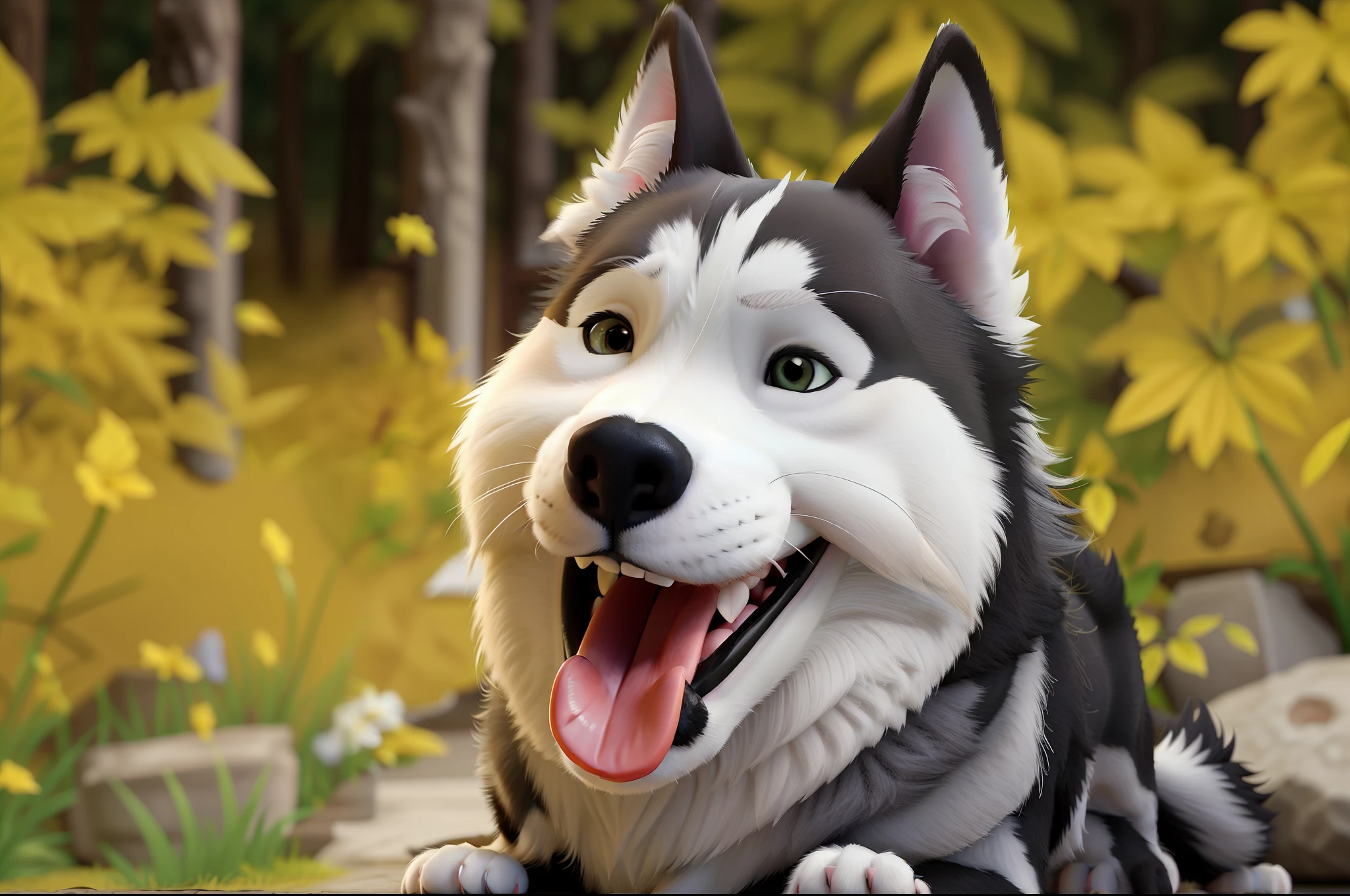 bitch of the Siberian husky breed, with her mouth open, black and white bitch