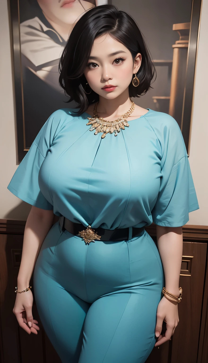 Indonesian woman, thick body, cold atmosphere , thick cheeks , full body , random pose, wavy short hair , thick hips, 40 years old , slightly fat arms , slightly fat belly , thick thighs pants, wearing bracelet ,wearing huge diamond necklace , watch , hena art on her skin,