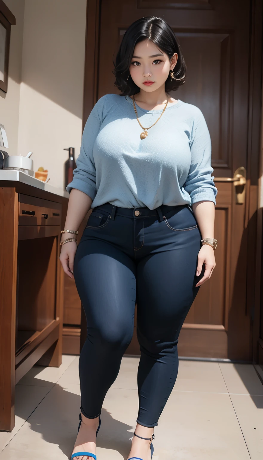 Indonesian woman, thick body, cold atmosphere , thick cheeks , full body , random pose, wavy short hair , thick hips, 40 years old , slightly fat arms , slightly fat belly , thick thighs pants, wearing bracelet ,wearing huge diamond necklace , watch , hena art on her skin,