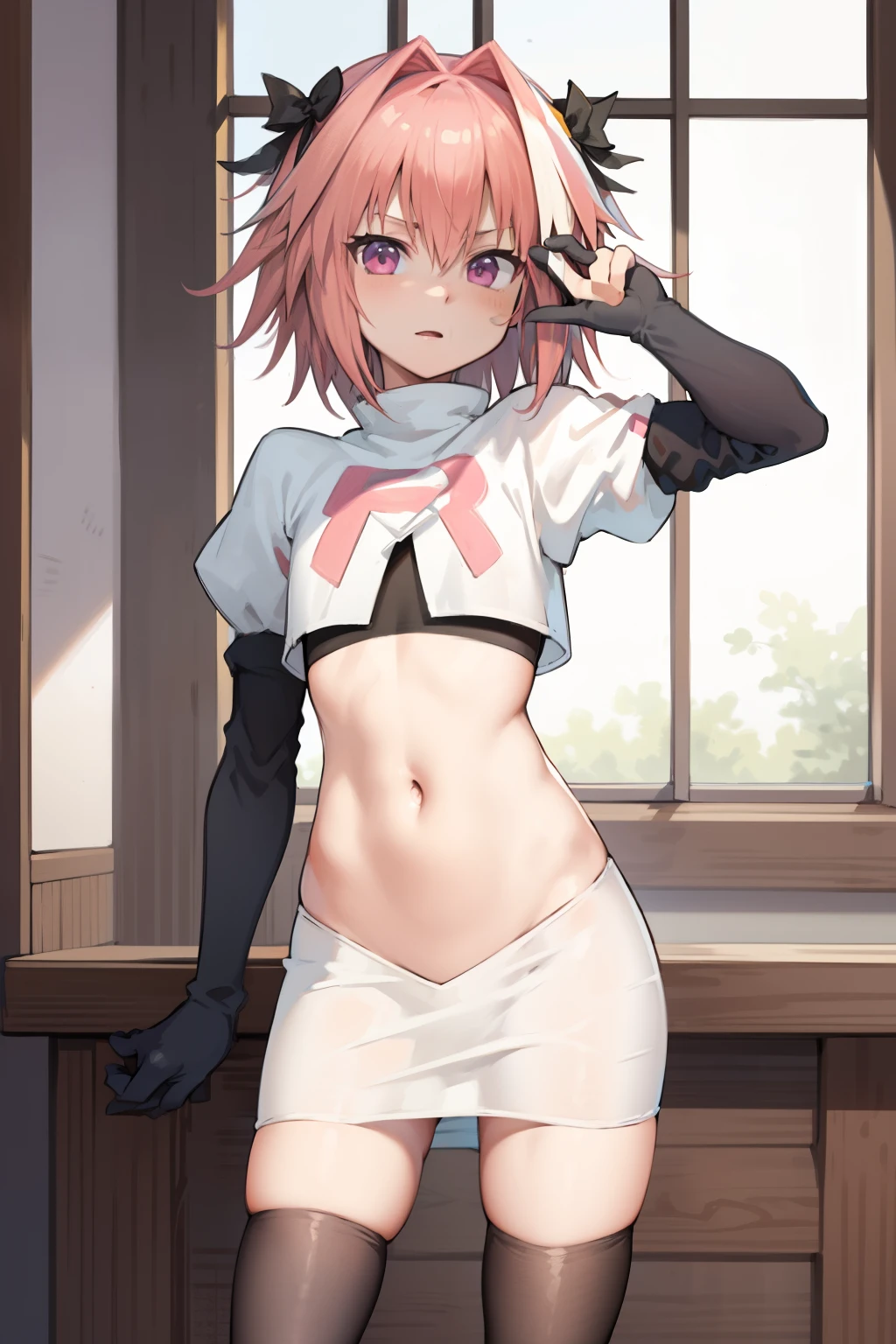 absurdres, masterpiece, best quality, (astolfo fate:1.2155), 1boy, male focus, trap, pink multicolored hair, pink hair, white hair, hair intakes, long hair, pink detailed eyes, crossdressing,1boy, team rocket,team rocket uniform, red letter R, white skirt,white crop top,black thigh-highs,black elbow gloves