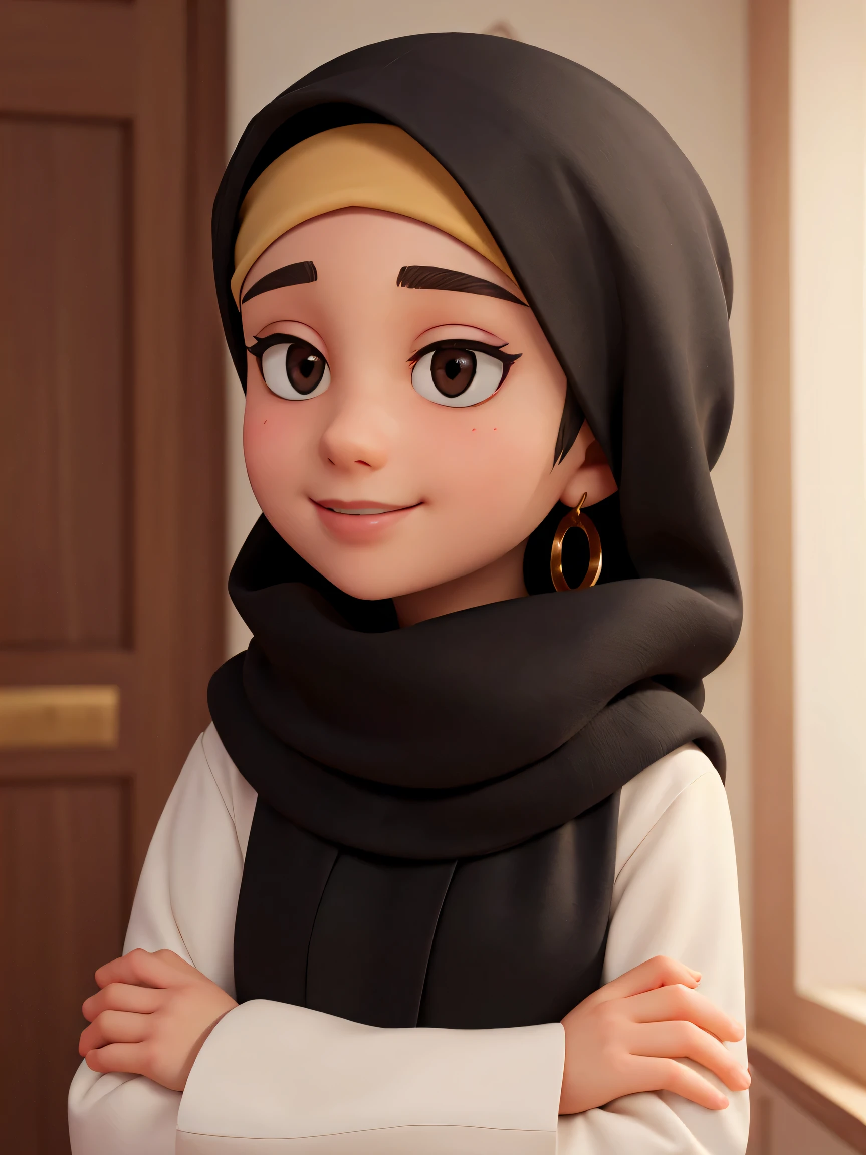 Masterpiece, best quality, official art,extremely detailed CG unity 8k wallpaper, 1 girl, wearing a black headscarf hijab, black headscarf hijab, black scarf, Beige shirt, oval face, thin face, beautiful face, Sweet smile, selfie pose, potrait, black eye color, Looking ahead, 18 yo, no hair, close up to face,