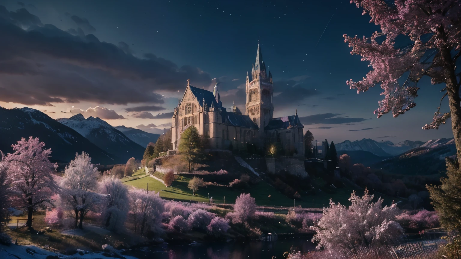 (best quality,4k,8k,highres,masterpiece:1.2),ultra-detailed,realistic,medieval kingdom,blue, pink and purple tree forests, detailed castle and church, mountain in the north, all in one image, intense lighting, oil painting, vivid colors, sharp focus, bokeh