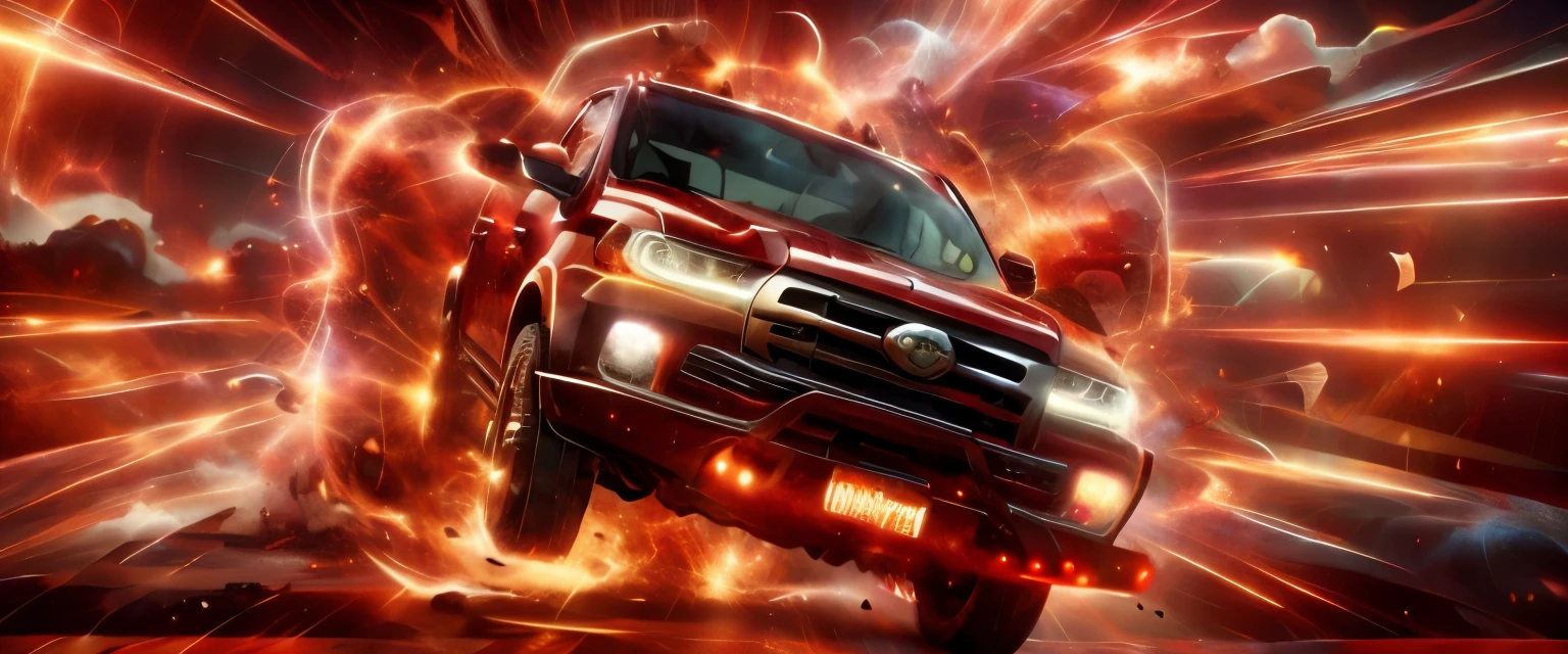 a red pickup truck passing through a dimensional energy portal