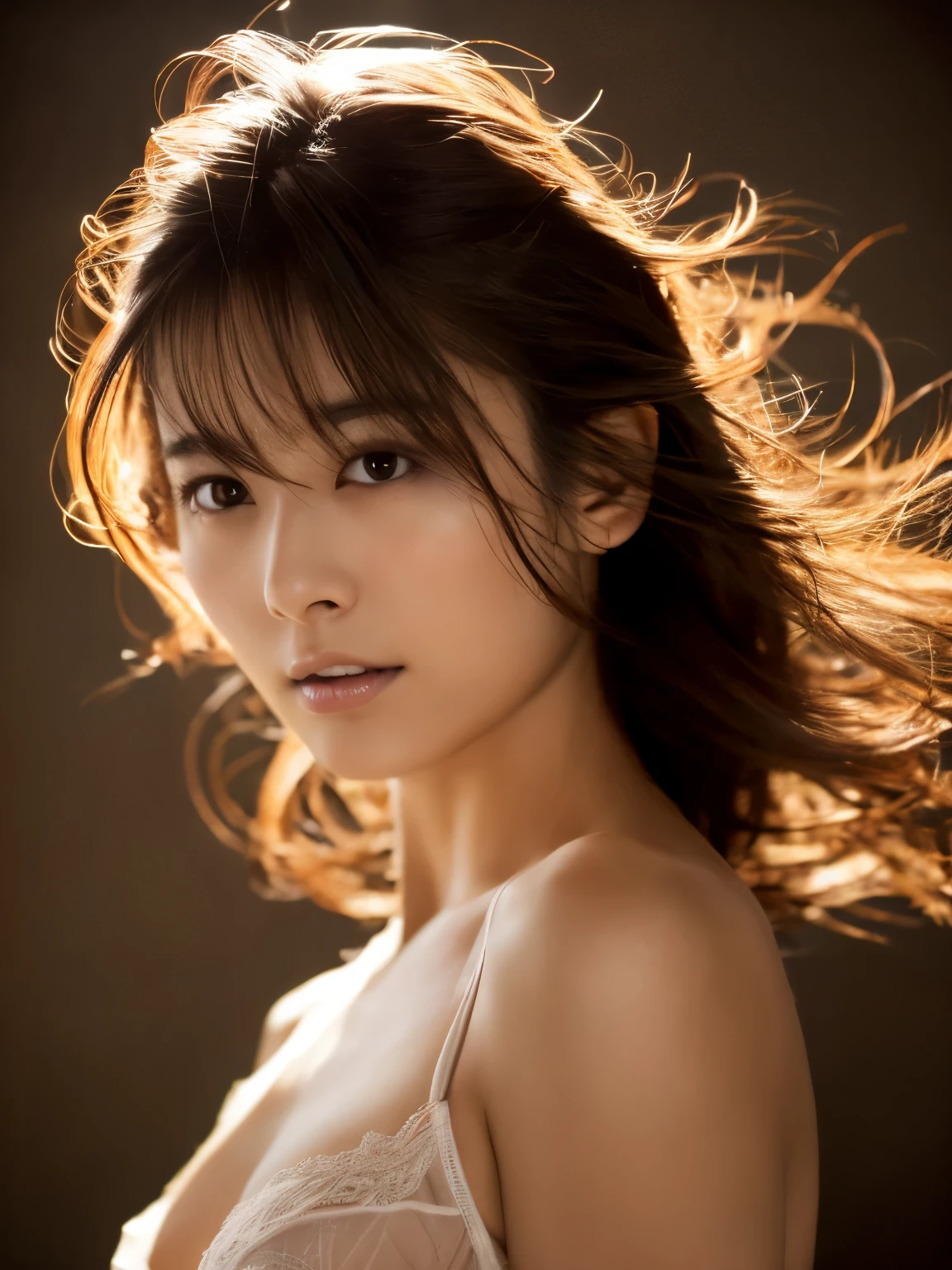 cinematic color, beautiful japanese woman, (best quality, ultra-detailed), feminin lighting, messy hair, wearing lingeries, delicate features, dreamy atmosphere