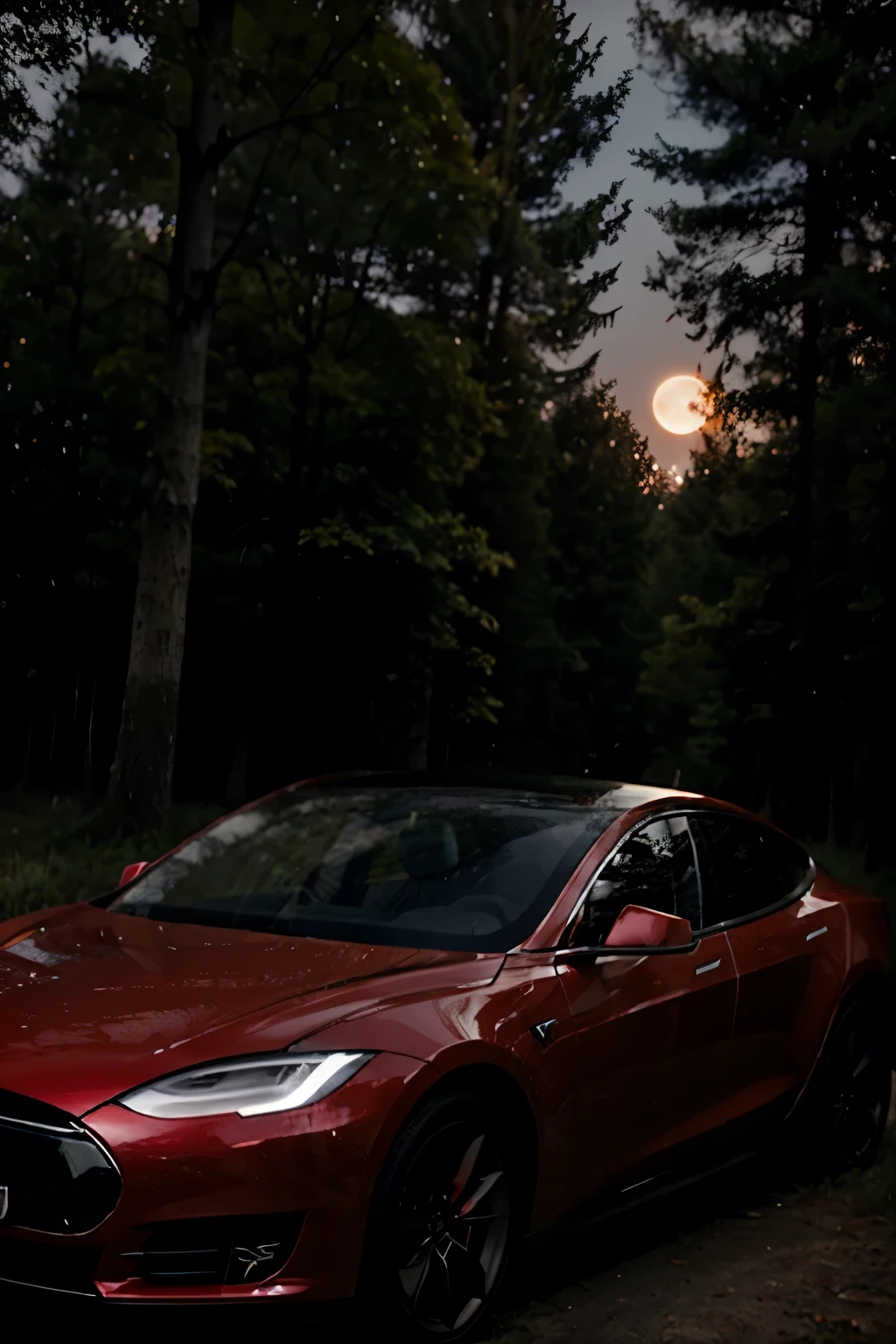 Lion in a forest at night with red moon, and tesla car, ((best quality)),