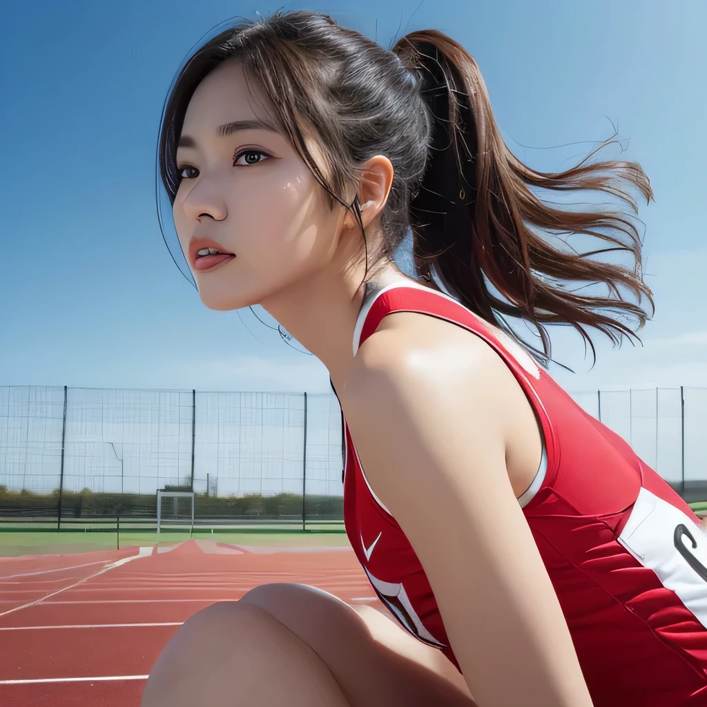 table top, highest quality, figure, super detailed, finely, High resolution, 8k wallpaper, 完璧なダイナミックな構figure, (Medium hair wearing track and field uniform, natural color lip, leaning forward, sexy back view, beautiful feet, back photo