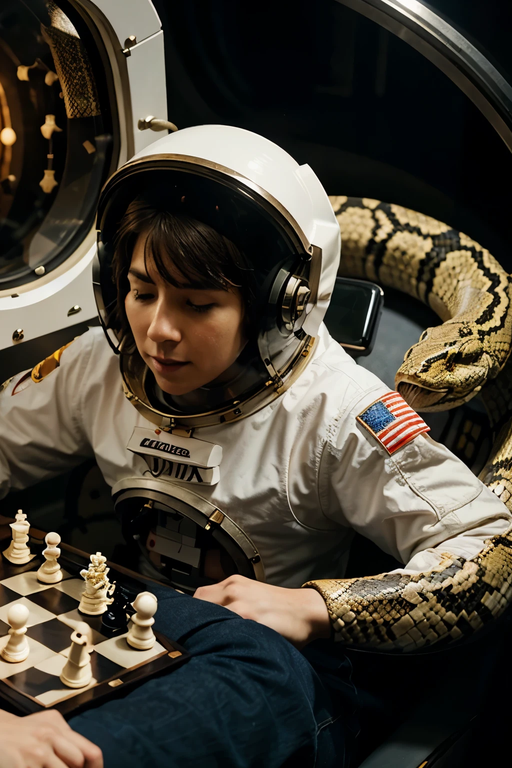 An astronaut playing chess against a snake