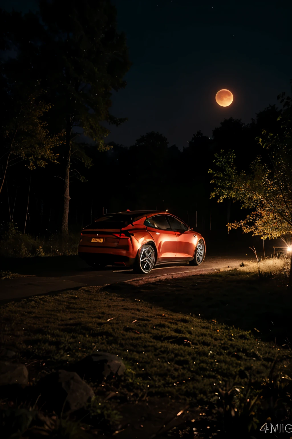 Lion in a forest at night with red moon, and tesla car, ((best quality)), ((horizontal image)), ((4096*4096))