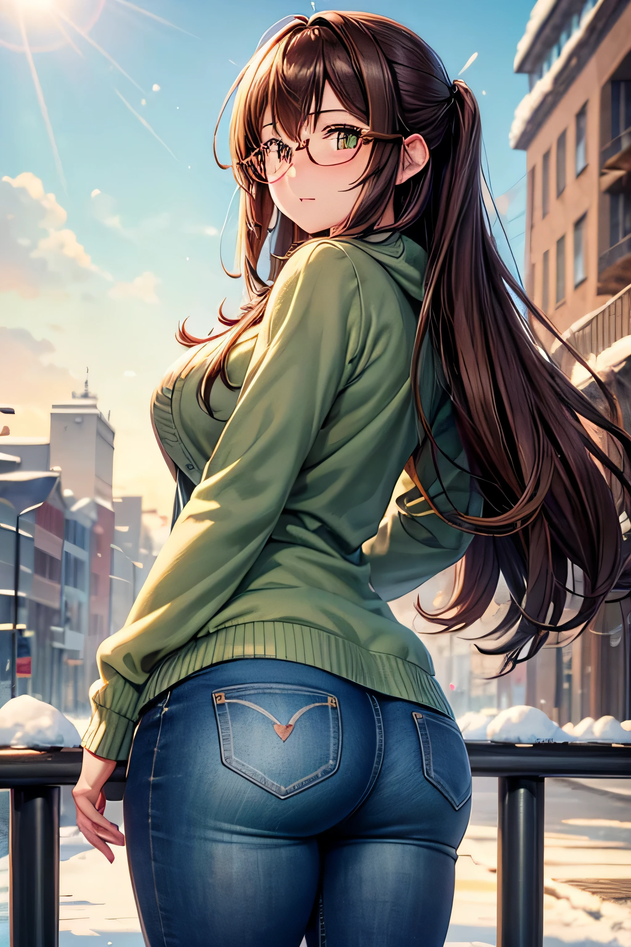 High resolution, high quality, 1 girl, anime girl, brown long hair, brown eyes,heart shaped pupils, green glasses, sunburned skin, big breasts,beautiful breasts, (big ass),beautiful ass,aqua Cardigan,jeans,standing,at Snowy Mountain,