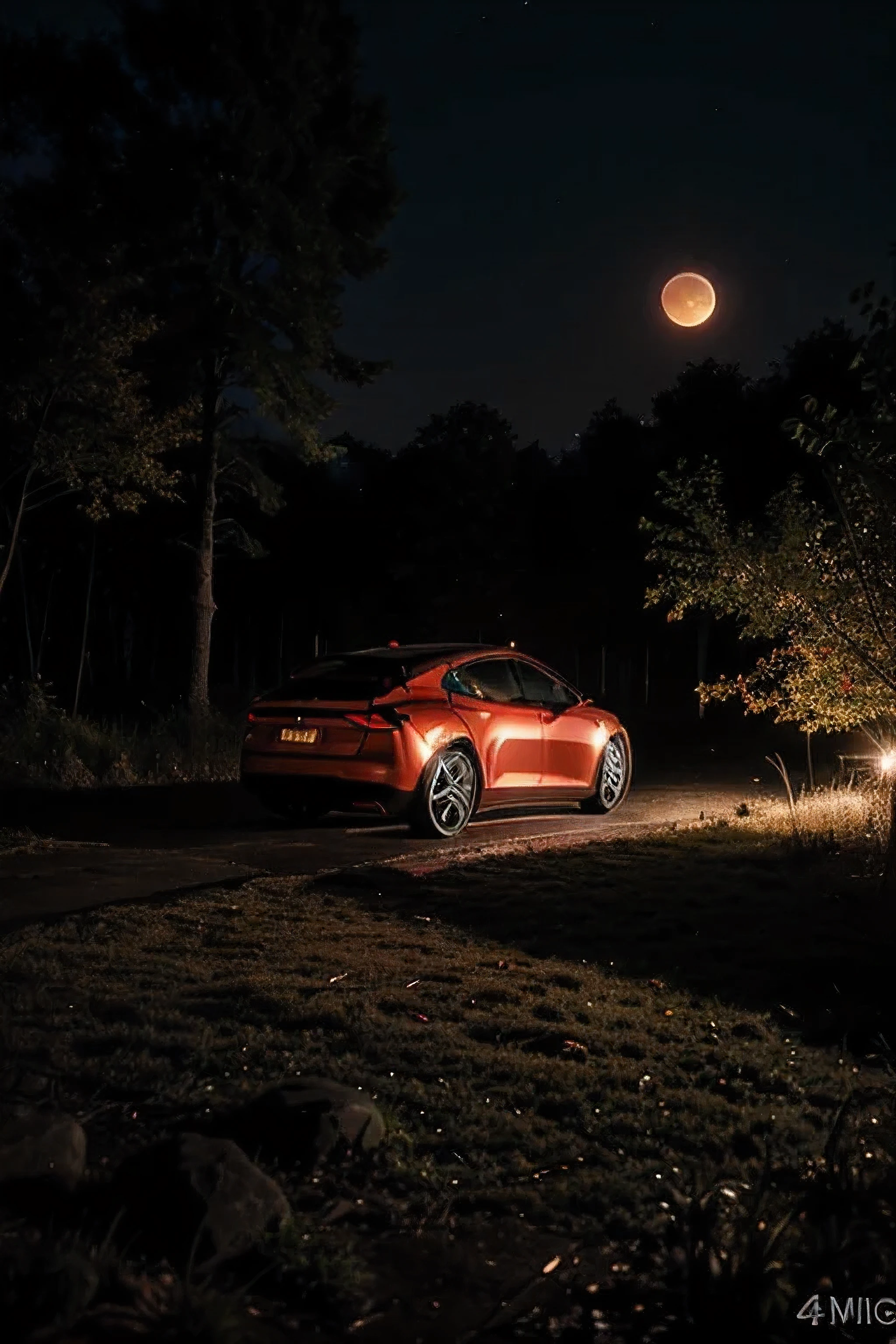 Lion in a forest at night with red moon, e carro tesla, ((melhor qualidade)), ((horizontal image)), ((4096*4096))