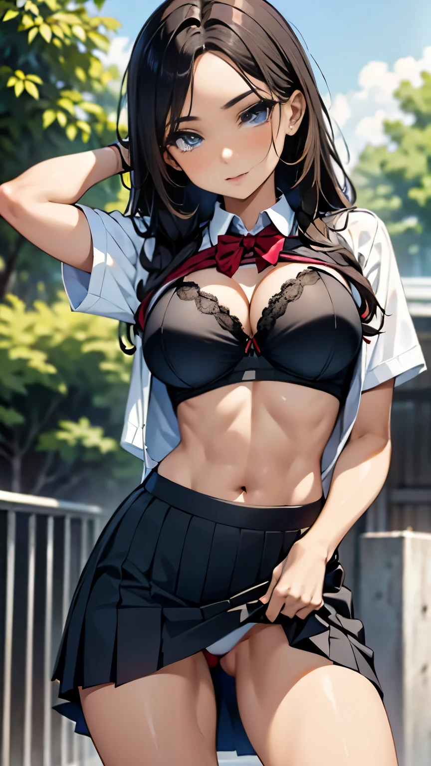 Nsfw, very very very sexy girl, brunette hair, parted hair style, 18 years old, wearing school uniform, showing her bra, her school shirt is open, she is lifting her school skirt, ((lifting skirt)), bra revealed, no underwear,