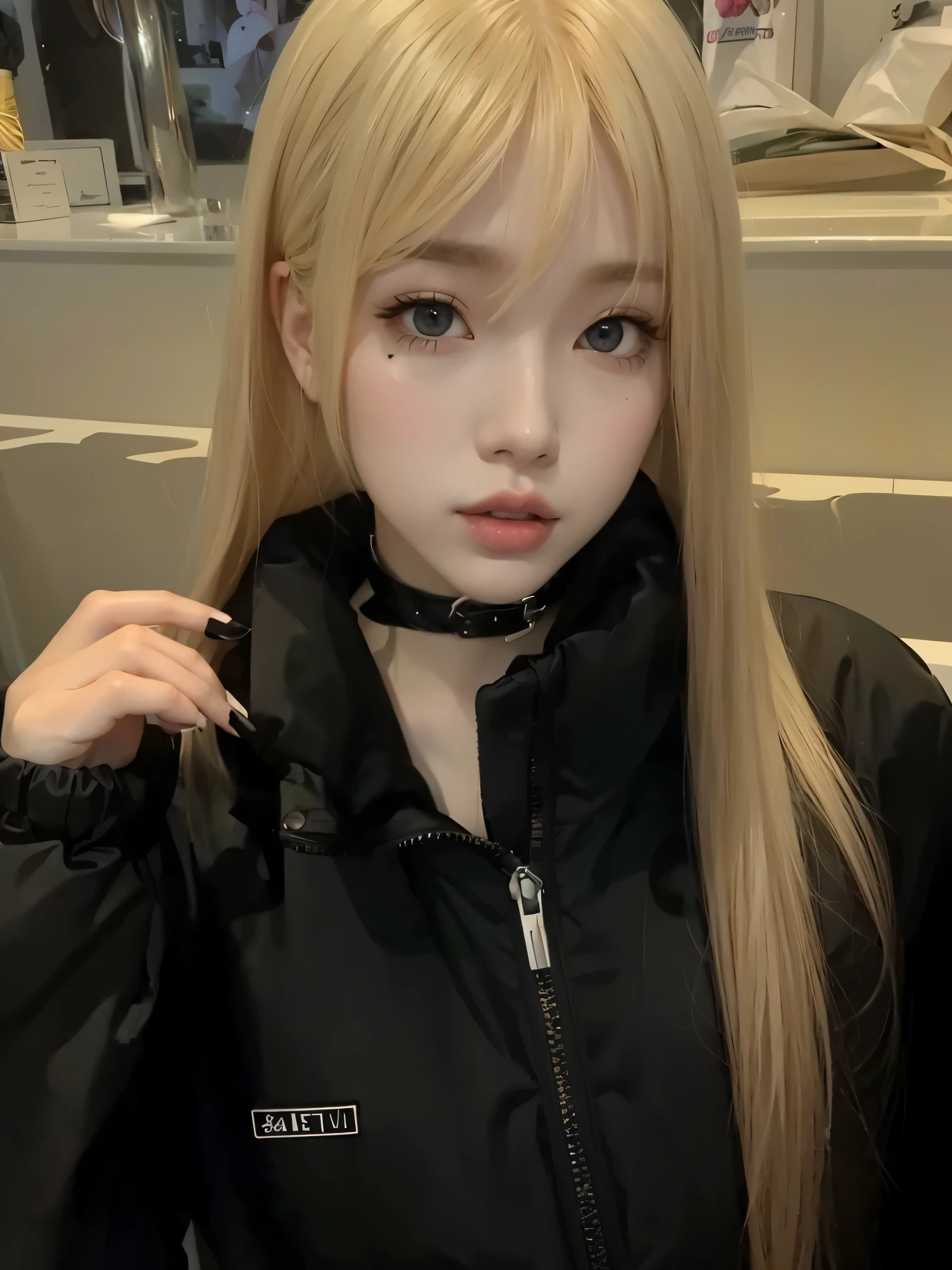 Blonde woman with long hair holding a white cell phone., retrato de kim petras, maquillaje popular de corea del sur, Retrato de Jossi de Blackpink, Parque Roseanne de Blackpink, ulzzang, maquillaje coreano popular, cruel korean gothic girl, ava max, con el pelo largo y blanco, inspirado en Yanjun Cheng, bella delfina, kim taejin