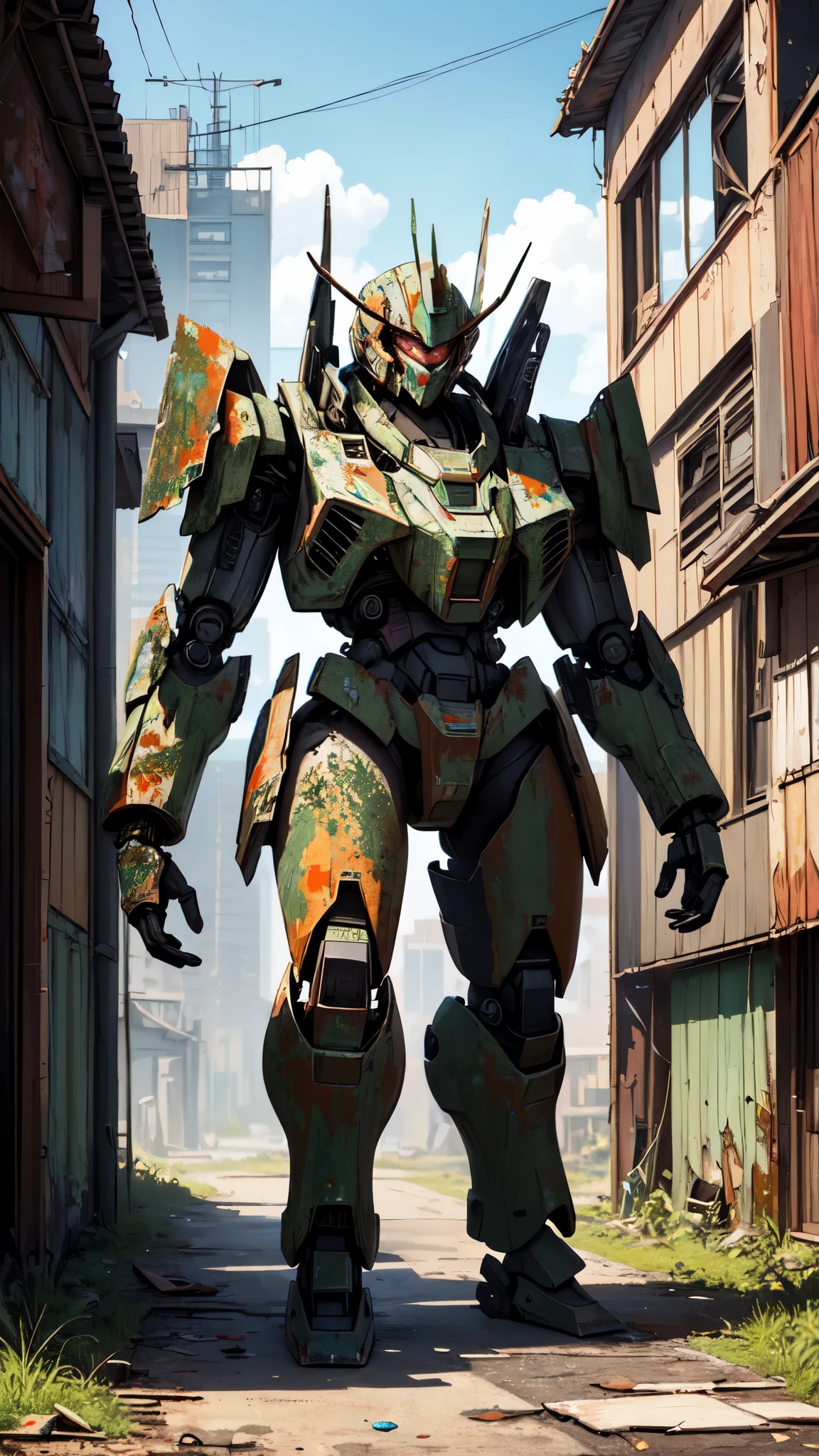 (A abandoned mecha),post-apocalypse city,(rusty),worn,(weathered paint:1.5),ultra-detailed,8k,anime,ultra realistic,masterpiece