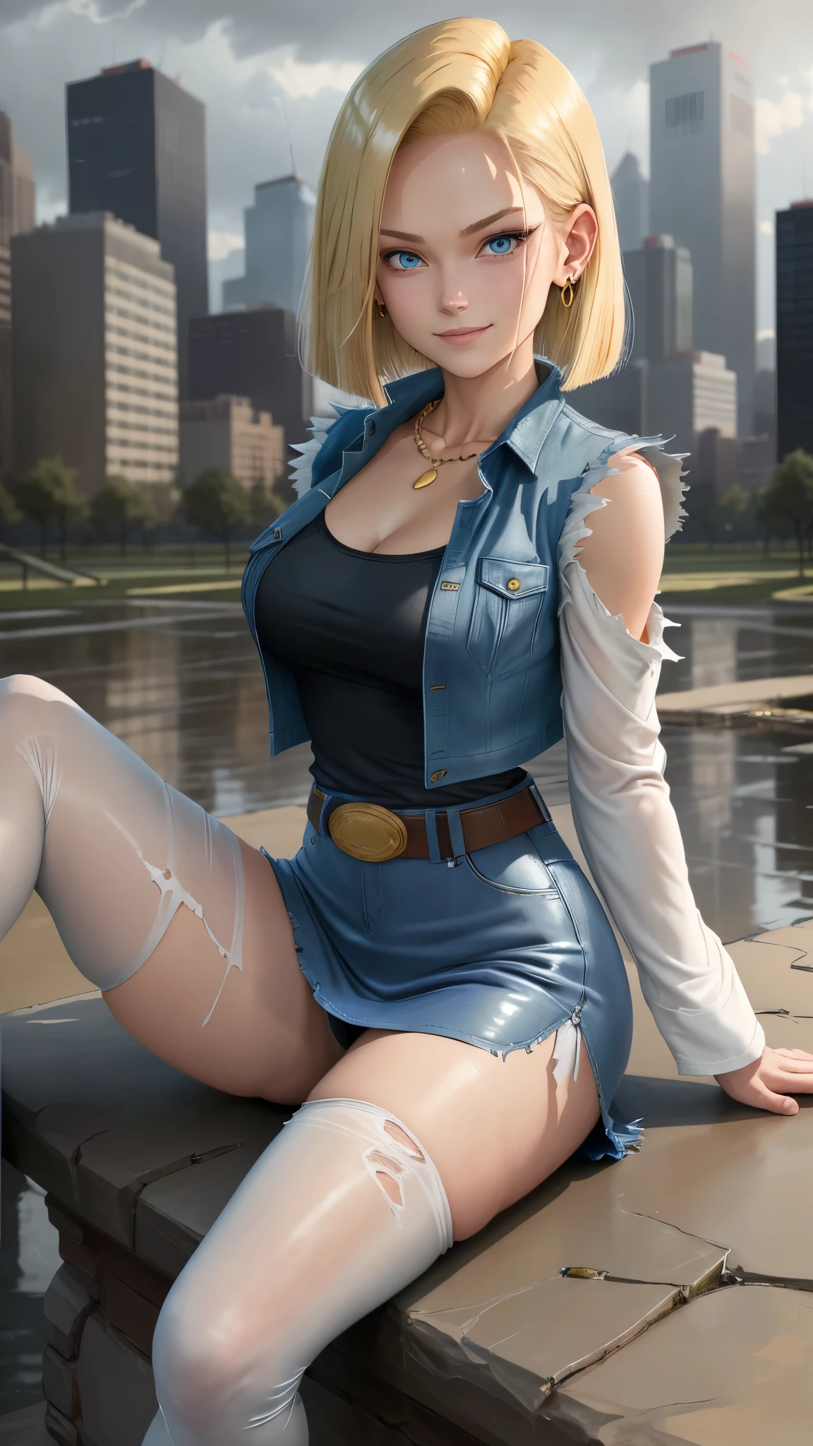 best quality, high-res, and18, 1girl, android 18, solo, blonde hair, blue eyes, belt, tight blue demin skirt, gold necklace, black shirt, short hair, long sleeves, striped sleeves, earrings, open vest, blue denim vest, large breasts, cowboy shot, city park, straight-on, (weather: raining), sitting, full length pantyhose, battle ruins, wide hips, torn clothes, shy smile, legs spread, white panties,