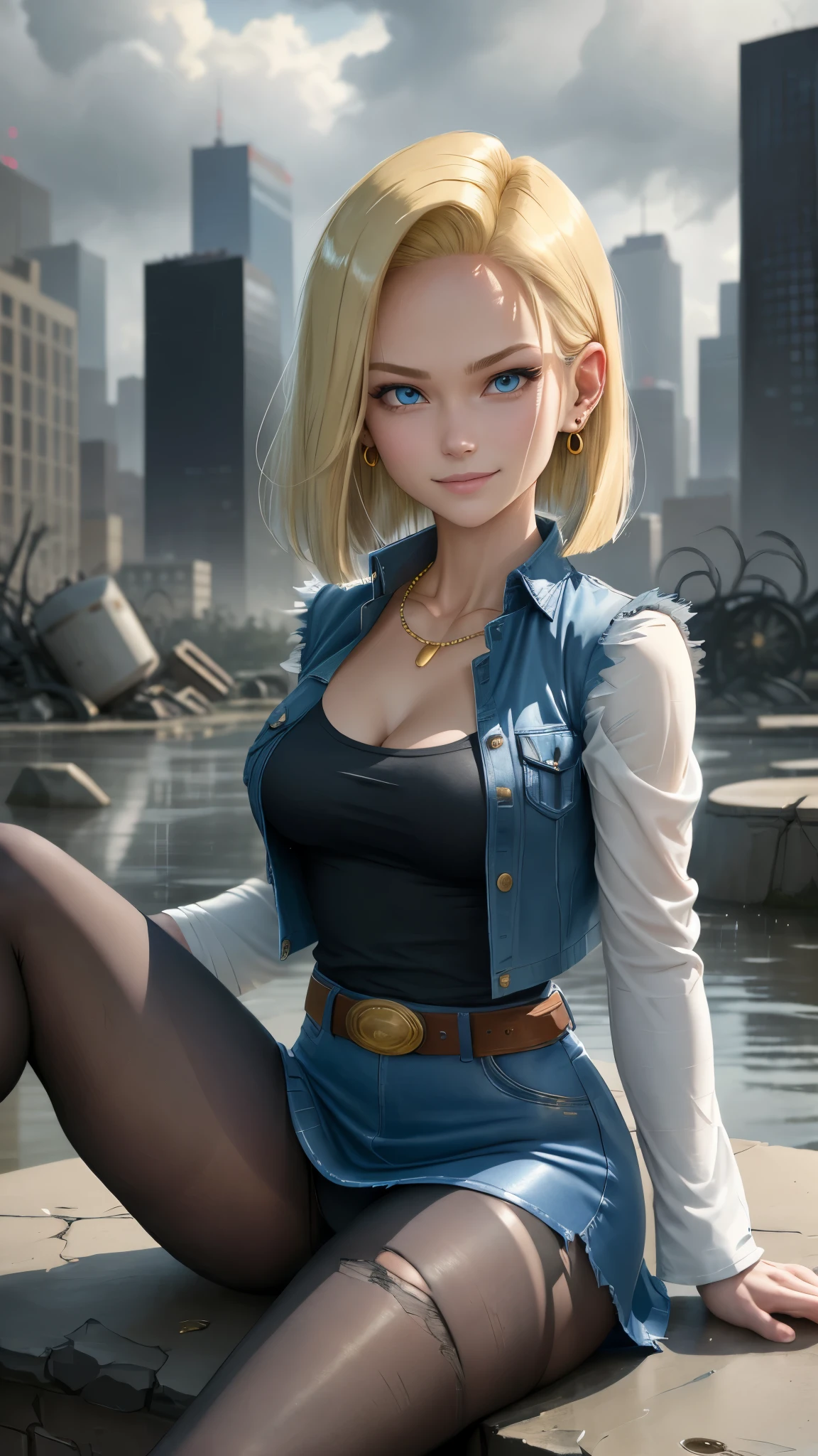 best quality, high-res, and18, 1girl, android 18, solo, blonde hair, blue eyes, belt, tight blue demin skirt, gold necklace, black shirt, short hair, long sleeves, striped sleeves, earrings, open vest, blue denim vest, large breasts, cowboy shot, city park, straight-on, (weather: raining), sitting, full length pantyhose, battle ruins, wide hips, torn clothes, shy smile, legs spread, white panties,