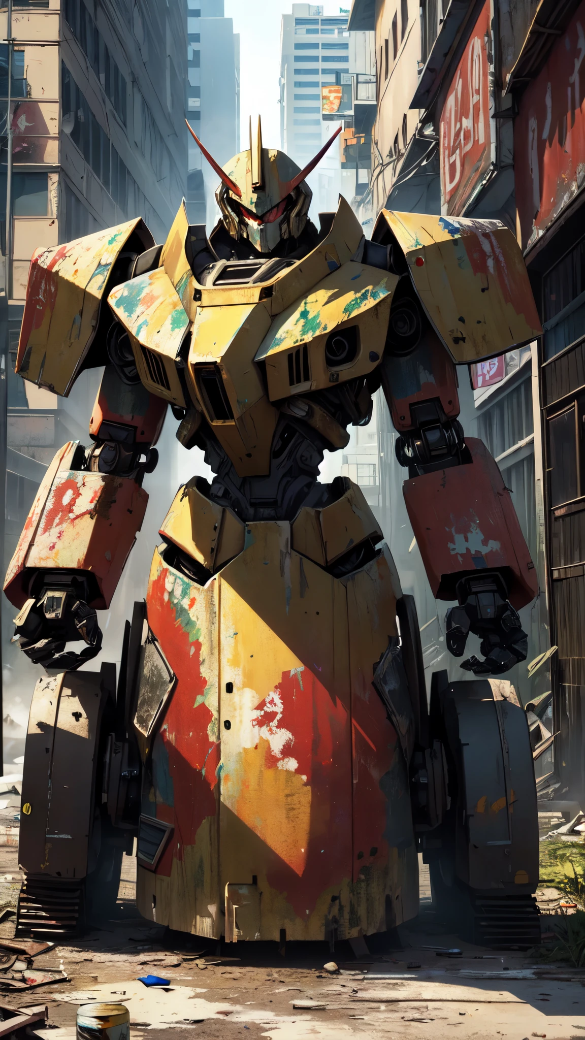 (A abandoned mecha),post-apocalypse city,(rusty),worn,(weathered paint:1.5),ultra-detailed,8k,anime,ultra realistic,masterpiece