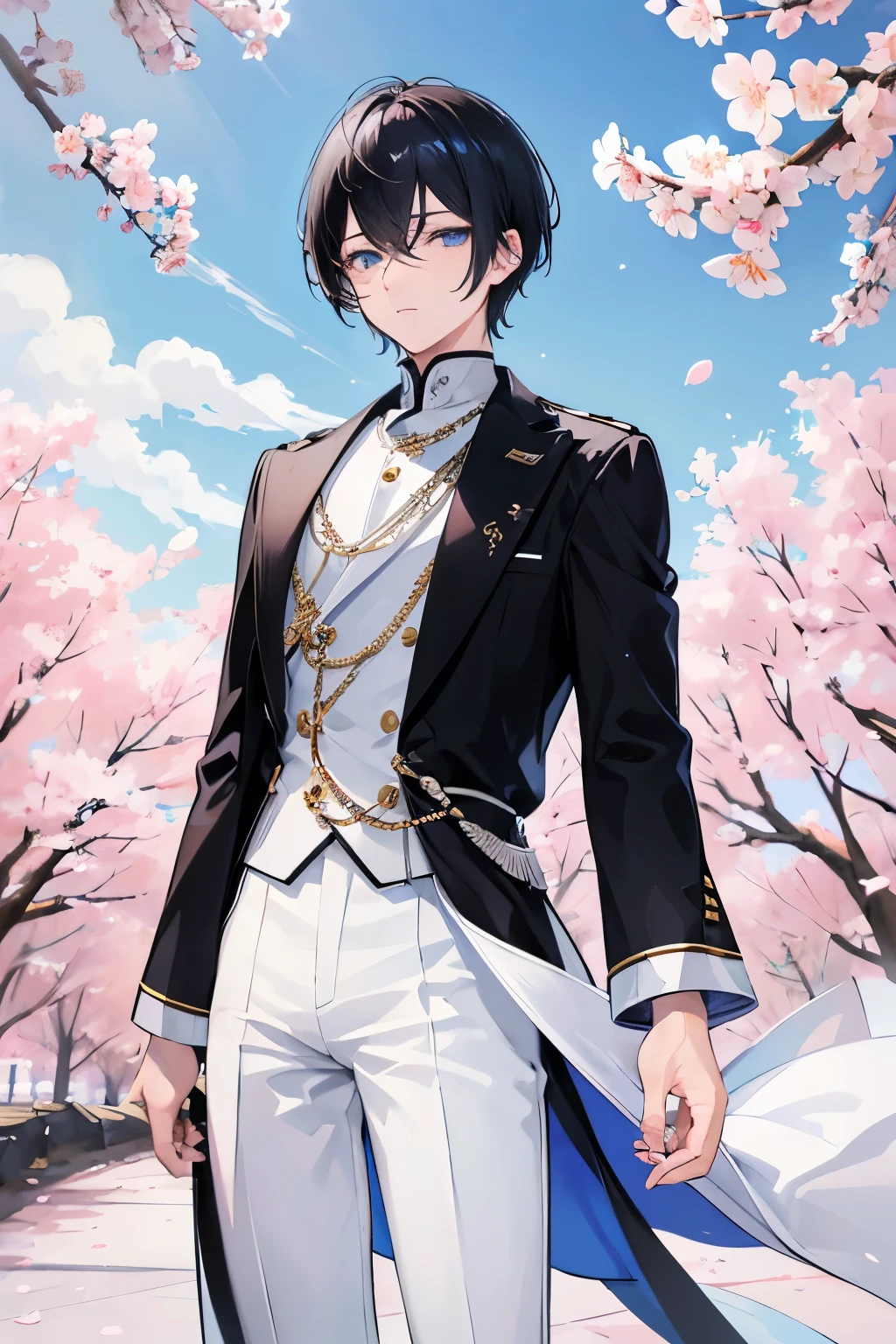 male　black hair　blue eyes　very short hair　one person　White Cutter　slacks　black long boots　cherry blossoms are blooming　walk around town　spring　masterpiece　Highest image quality　noise removal　clear parts 　cinematic shadow　Increases the attractiveness of the eyes　clear parts the shine of the eyes　draw eyelashes neatly　perfect eyes　detailed eyes　sharpen image quality　sharpen eye writing　clear parts eye shape