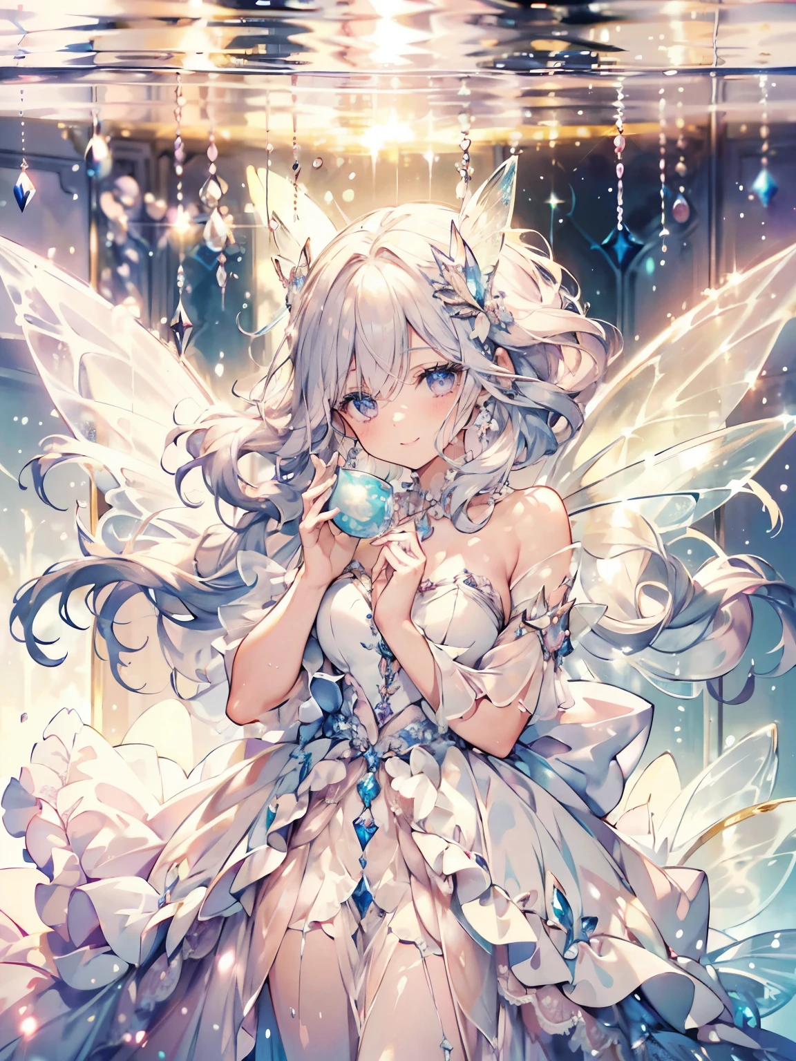 (highest quality, masterpiece, Super detailed, very detailed, exquisite, 16k,Full HD),beautiful face,Pull,golden ratio,dramatic lighting,(pastel colour),smile,playing,A lot of bubbles are floating,floating in the water,soft lighting, ((alone:1.5)),Sea,((whole body)),(fairy princess, purple eyes, long eyelashes,white skin,slim,pale pink plump lips,pale pink cheeks, silver fluffy hair,thin and long,Magic that manipulates water,small fish silhouette,bubble magic,(thin and high nose,small nose),(Huge fairy wings grow from just above her waist.),(diamond and pearl tiara,pearl earrings,pearl necklace),(light blue and white ball gown dress:1.1,dress dissolved in water,pure white lace and frills,pearl),(smile:1.2), (fantasy, romantic atmosphere), magic light,