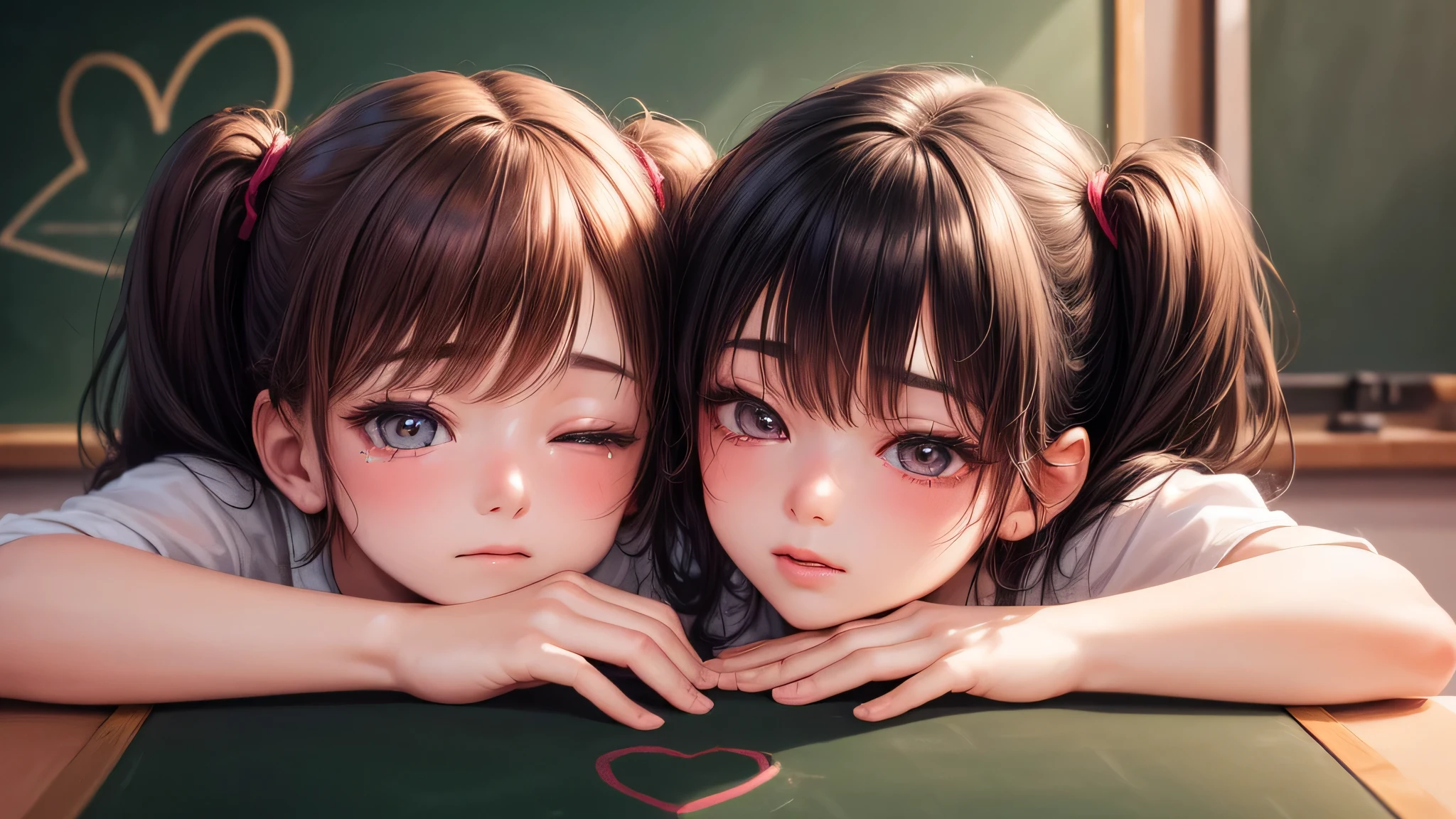 highest quality、High resolution、Detailed Background、(Beautiful face in every detail:1.4)、Anatomically correct、(Detailed facial expressions)、(Detailed eyes:1.2)、Teenage beauty、(Highly detailed face:1.4)、(Huge breasts:1.1)、cute hair color、Cute hairstyle、Bobcut、Twin tails、Cute items such as pajamas and cute bedding、Pajama Party、Feminine cuteness、Accentuate your cleavage、Cute gestures、

Two people in pajamas in the gentle light、With a fluttering heart, I approach、It&#39;s like a dream、The moment our eyes crossed、It takes my breath away、Slowly closing the distance、I can&#39;t seem to contain my excitement、
(Our hands are gently clasped together and our eyes are fixed on each other、Shaking off our hesitation, we pressed our lips together:1.5)、I&#39;m surrounded by a surge of emotion、Happy feelings overflow、Such a sweet time、A secret between the two of us、A shy but happy smile、cute