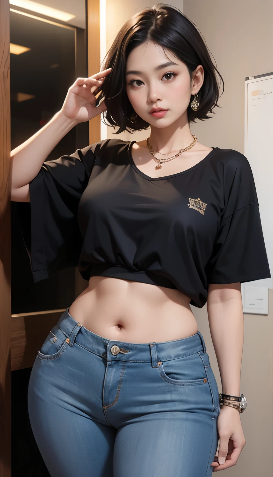 Indonesian woman, thick body, cold atmosphere , thick cheeks , full body , random pose, wavy short hair , thick hips, 40 years old , slightly fat arms , slightly fat belly , thick thighs pants, wearing bracelet ,wearing huge diamond necklace , watch , hena art on her skin, dark clothes