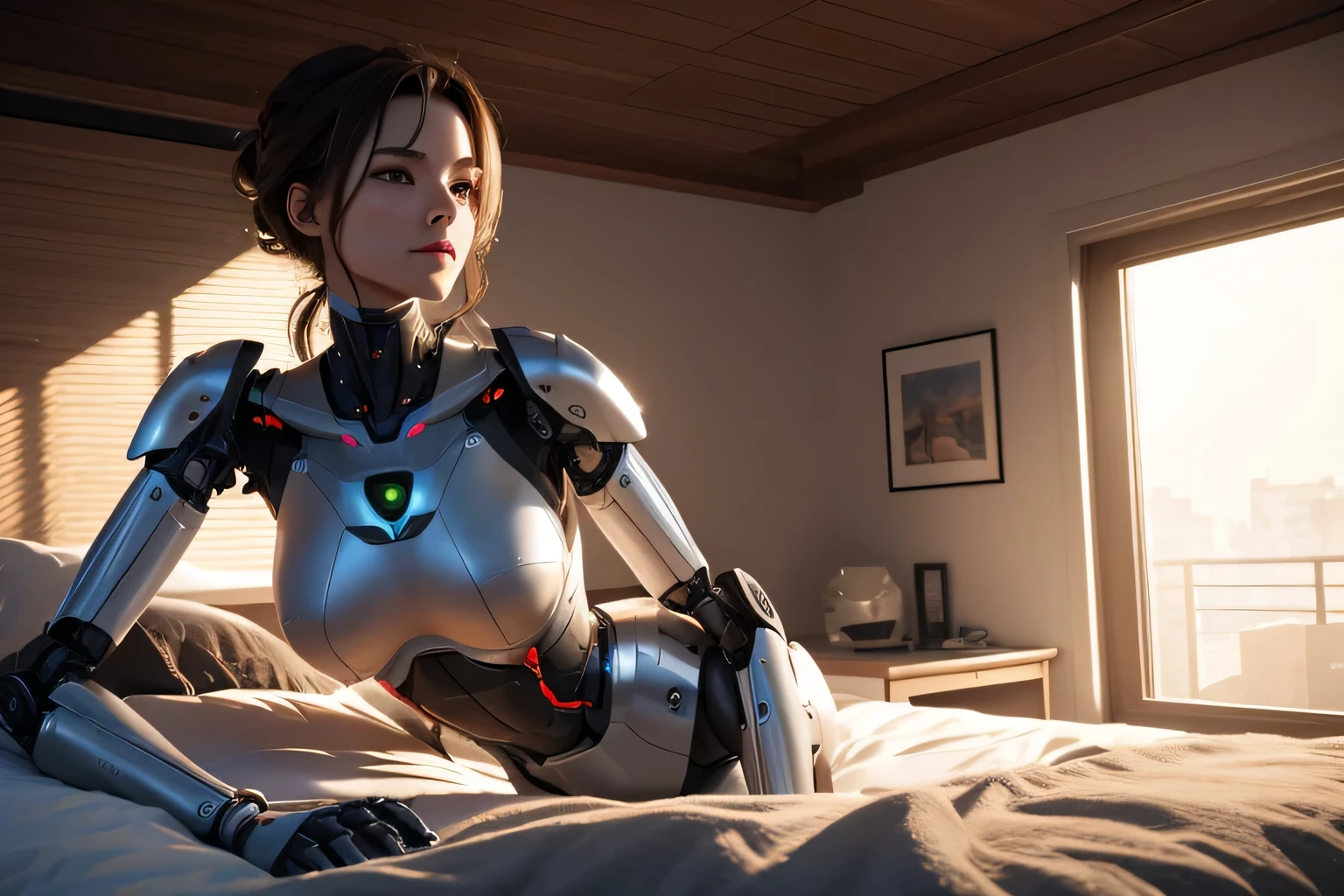 Mechanical body of a female robot getting out of bed and yawning Bedroom with morning light, Hmm, retina, masterpiece, Accurate, anatomically correct, rough skin, Super detailed, advanced details, high quality, Awards, 最high quality, High resolution