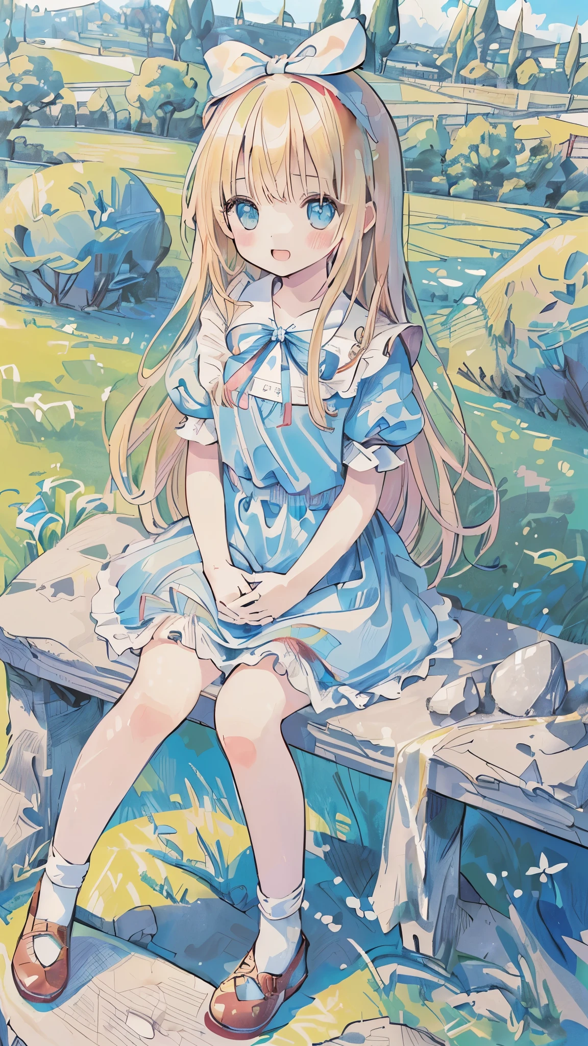 High resolution, (An illustration: 1.3), anime、((highest quality)), (Super detailed), (beautiful), ((peaceful countryside scenery、sitting on a stone bench and sunbathing:1.3)), alone,(8-year-old:1.4)、cute face、(alice in wonderland costume:1.4),white and transparent skin、(blue ribbon on head:1.3)、Shiny pale colorful blonde long hair,overjoyed face、(low position、from below:1.3)