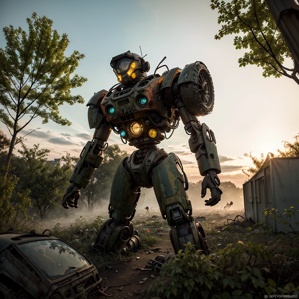 (pilotage:0.9), (best quality,4k,8k), (realistic,photorealistic:1.37), (colorful, vibrant), (dystopian, post-apocalyptic), (twilight, evening), abandoned mech, ruins, overgrown vegetation, rusted metal, broken chains, shattered glass, eerie atmosphere, dramatic lighting, mysterious shadows.